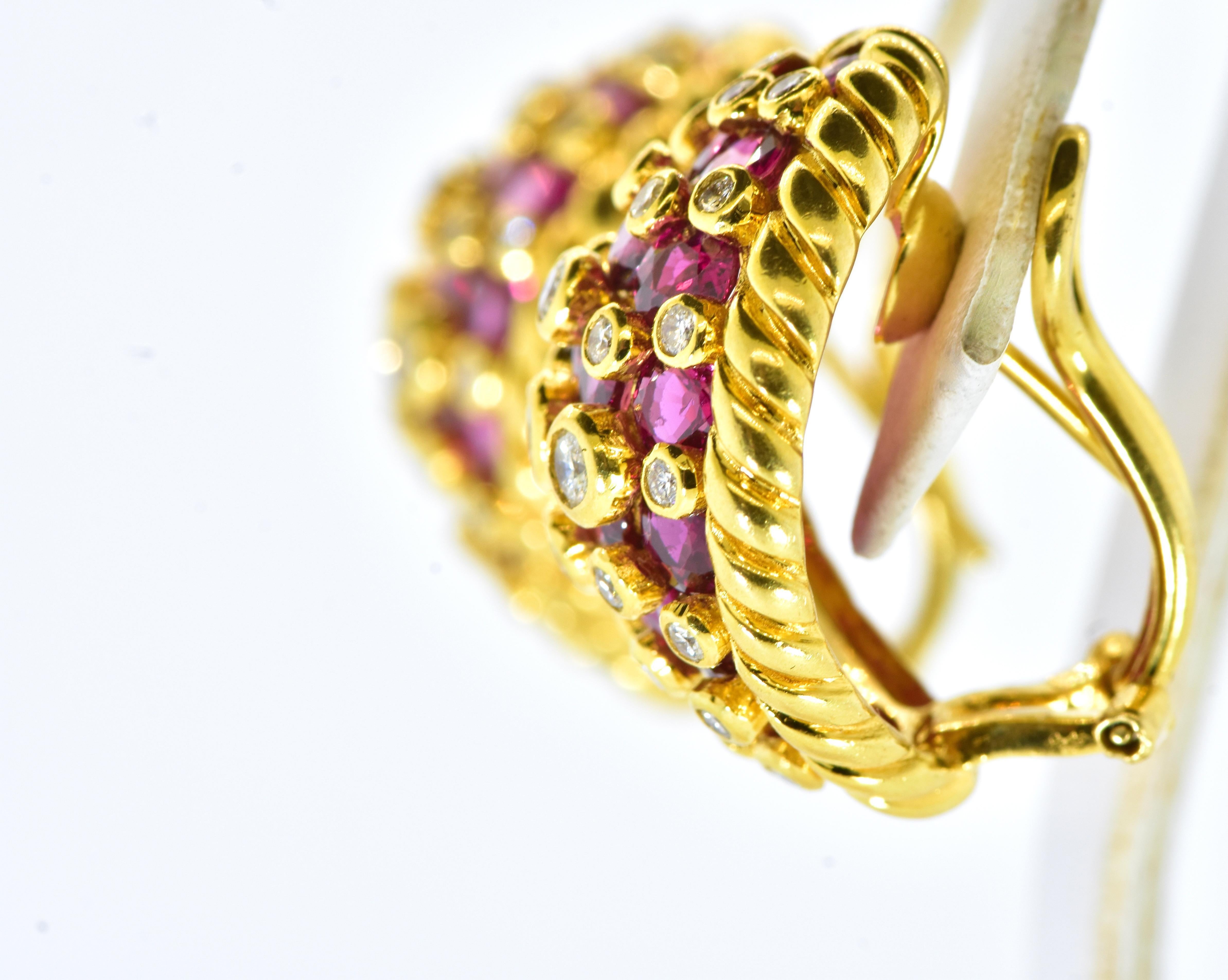 Fine Vivid Red Ruby and White Diamond Fancy Set in 18K, Earrings, C. 1965 In Excellent Condition For Sale In Aspen, CO