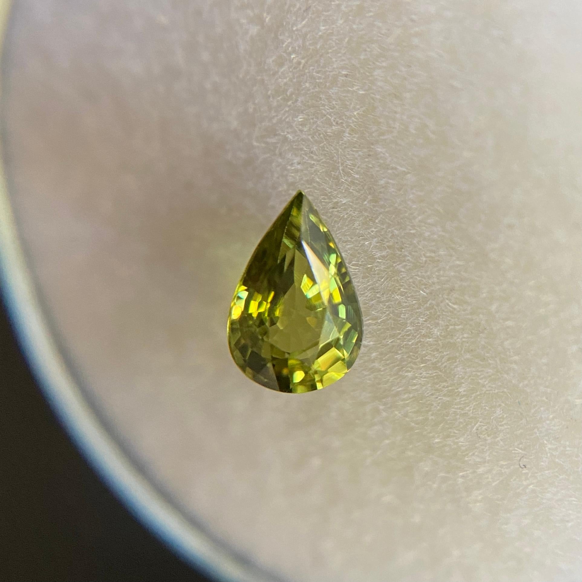 Natural Untreated Yellow Green Australian Sapphire Gemstone.

0.60 Carat with a beautiful vivid green yellow colour and excellent clarity, a very clean stone with only some small natural inclusions visible when looking closely. Also has an excellent