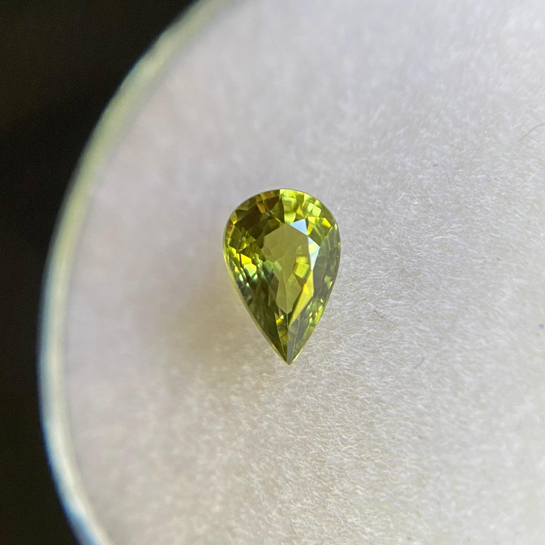 Women's or Men's Fine Vivid Yellow Green Australian Sapphire 0.60ct Pear Cut Untreated