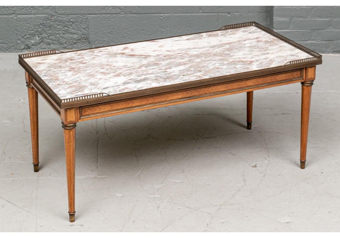 Fine Walnut Parquetry Decorated Marble Top Coffee Table In Good Condition In Bridgeport, CT
