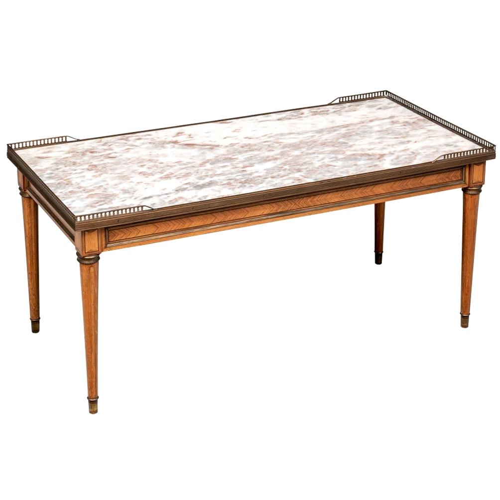 Fine Walnut Parquetry Decorated Marble Top Coffee Table