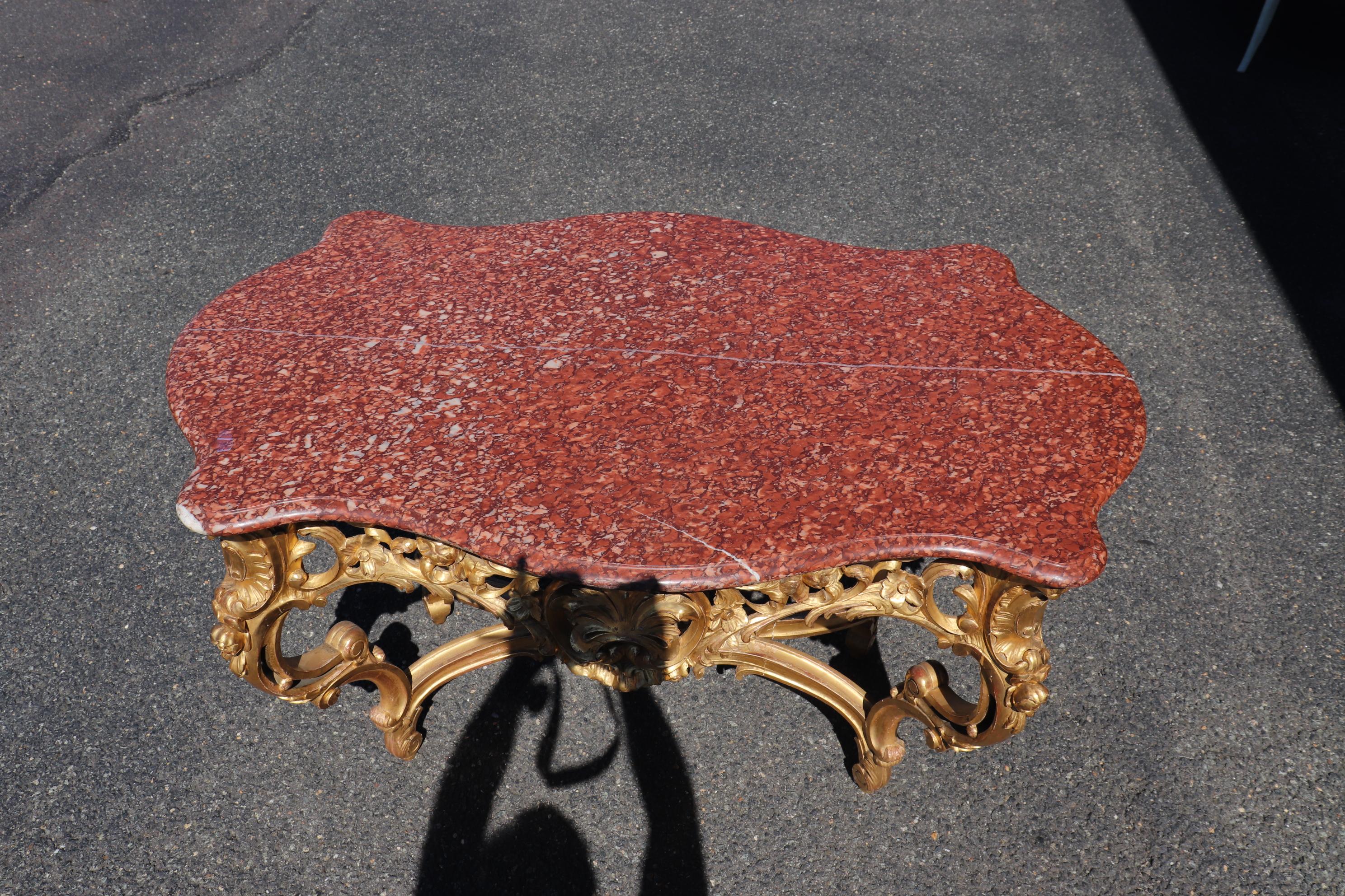 Early 20th Century Fine Water-Gilded Rouge Marble Top Louis XV Rococo Center Table Circa 1900 For Sale