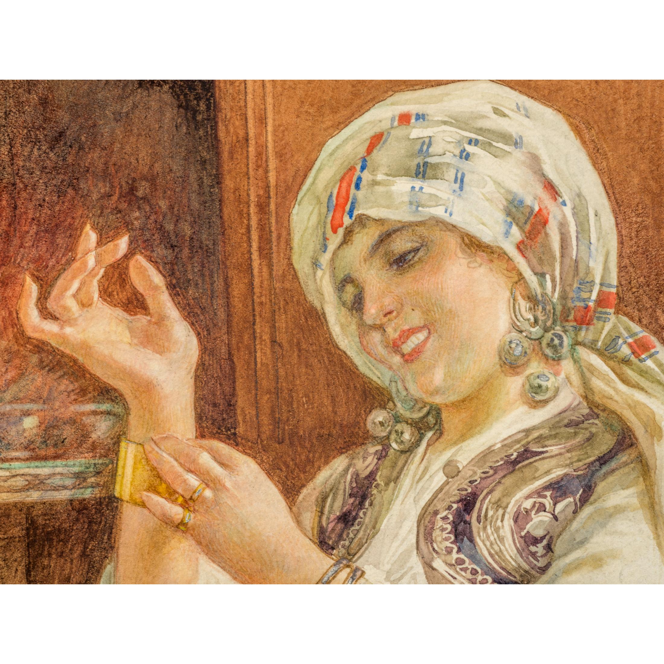 Fine Watercolor Painting of an Orientalist Beauty by A. Simonetti In Good Condition In New York, NY