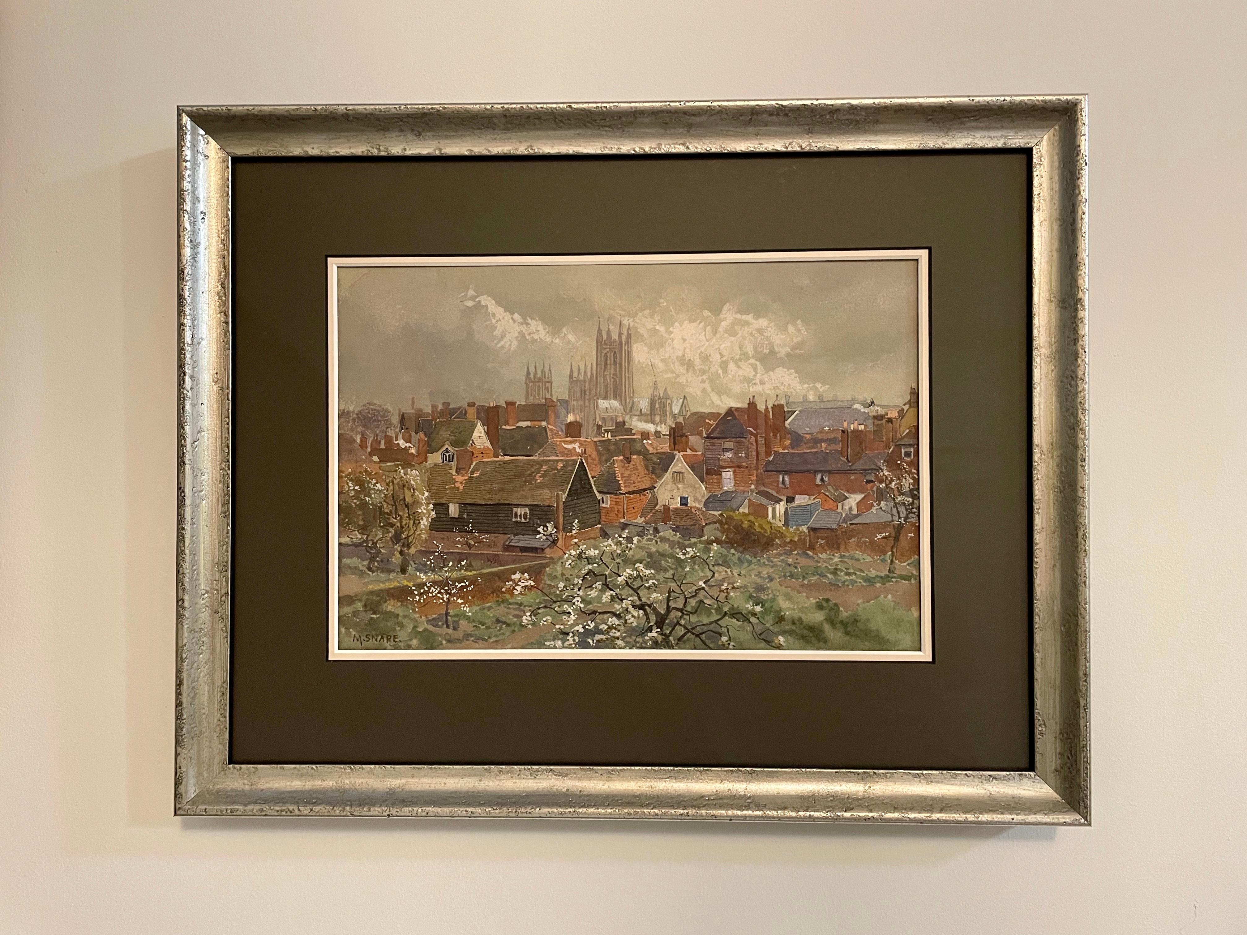 A watercolour of Canterbury Cathedral and the surrounding area, by the renowned artist Martin Snape. 
Martin Snape was born in Gosport, Hampshire in 1899 and attended Burney’s Academy. He became an accomplished painter, particularly of the local