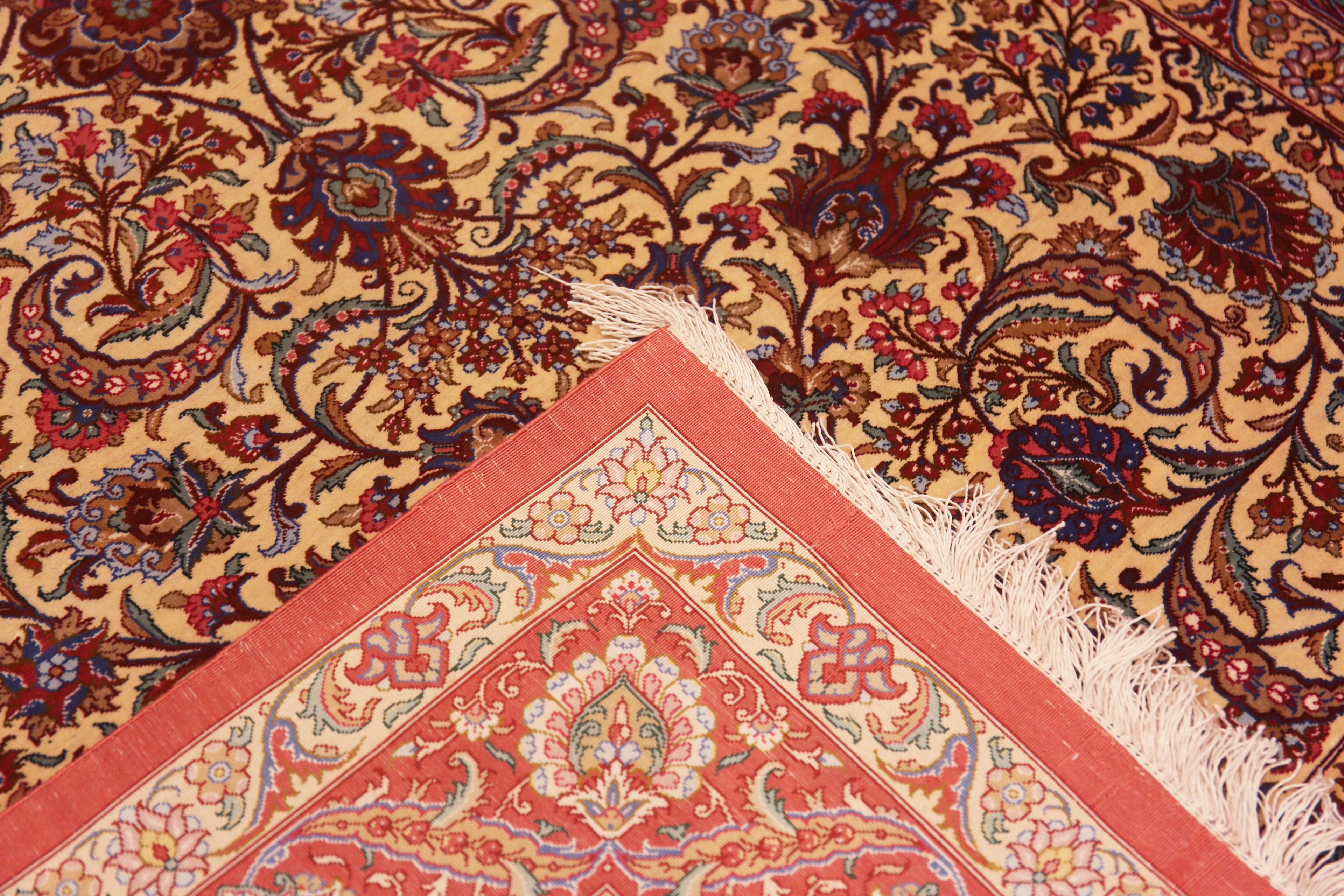 Tabriz Fine Weave Floral Design Vintage Ivory Persian Silk Qum Rug 3'4
