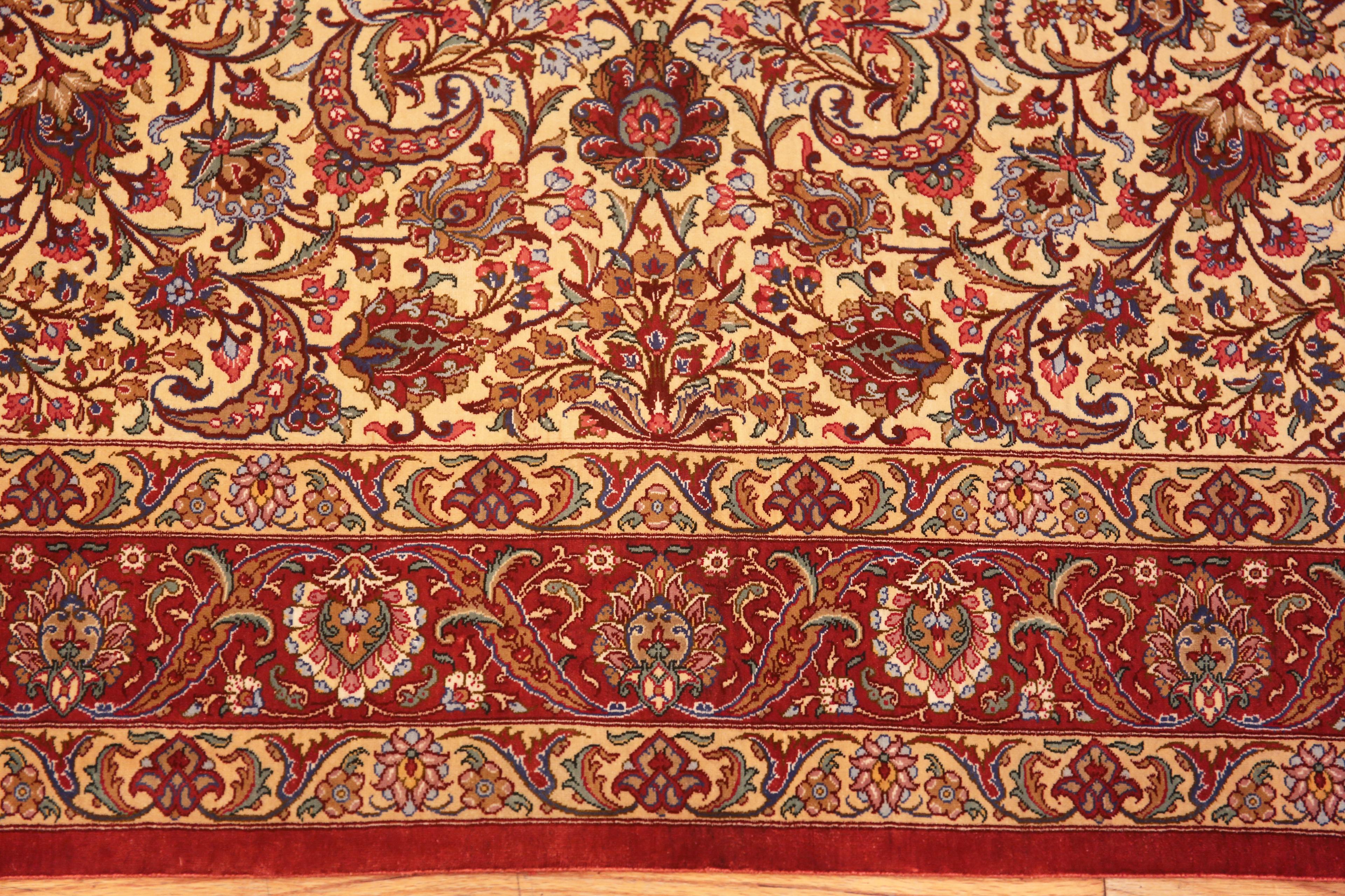 Fine Weave Floral Design Vintage Ivory Persian Silk Qum Rug 3'4