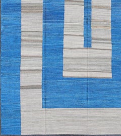 Fine Weave Kilim Rug with Large Modern Pattern in Cobalt Blue and Gray