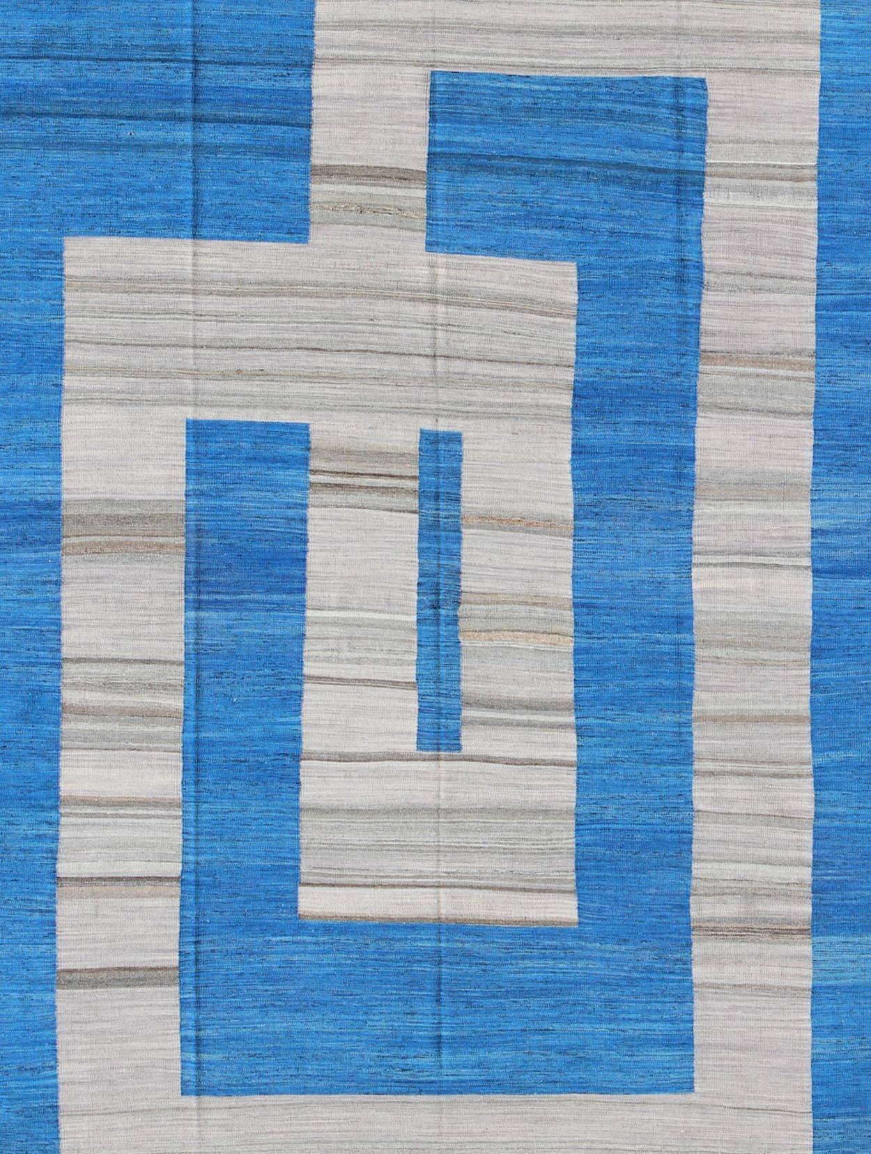 Afghan Fine Weave Kilim Rug with Large Modern Pattern in Cobalt Blue and Gray For Sale