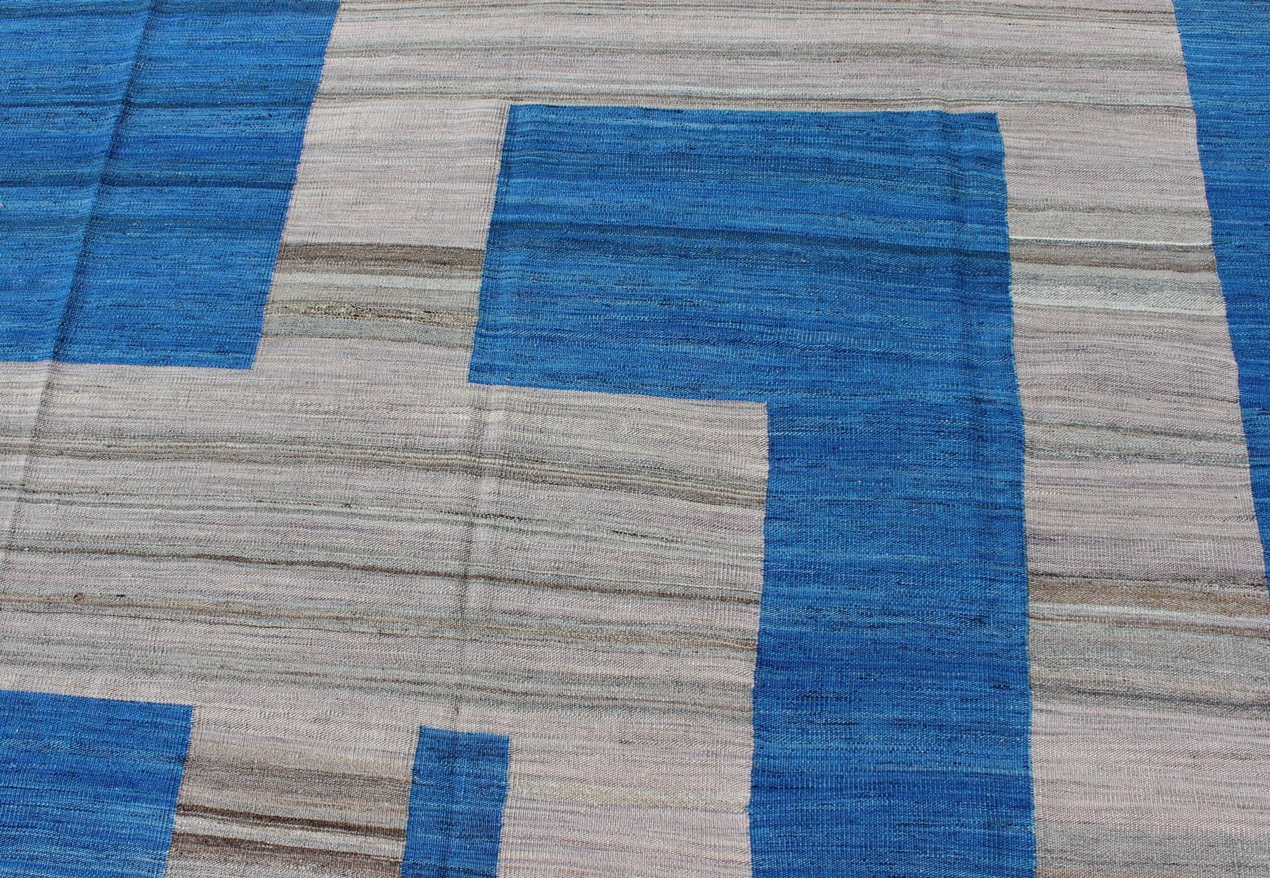 Contemporary Fine Weave Kilim Rug with Large Modern Pattern in Cobalt Blue and Gray For Sale