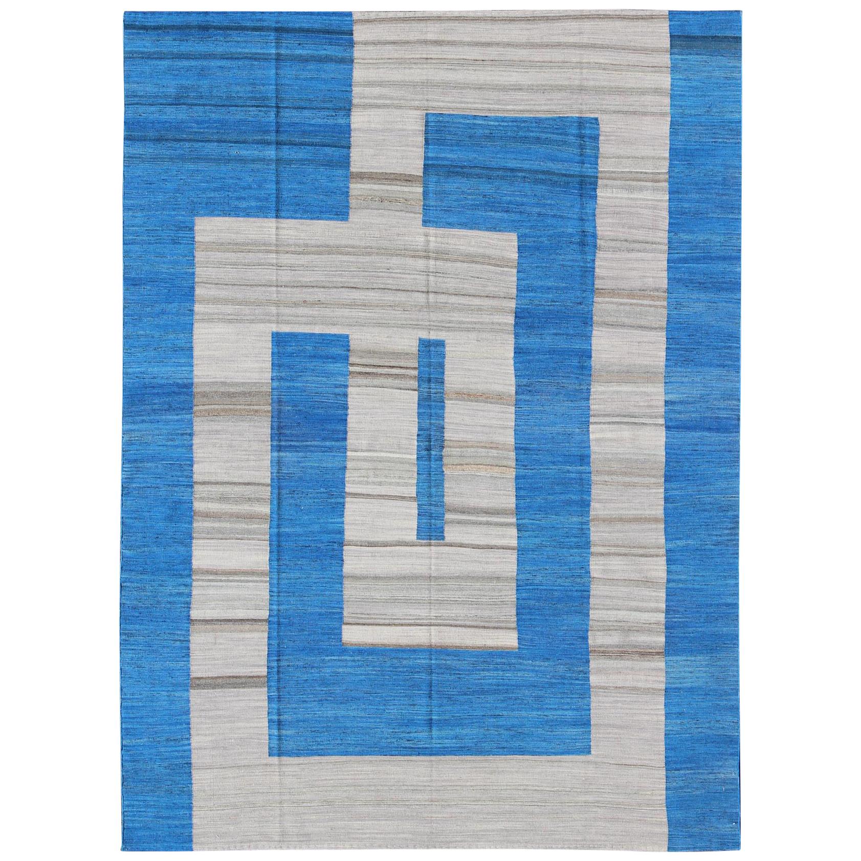Fine Weave Kilim Rug with Large Modern Pattern in Cobalt Blue and Gray