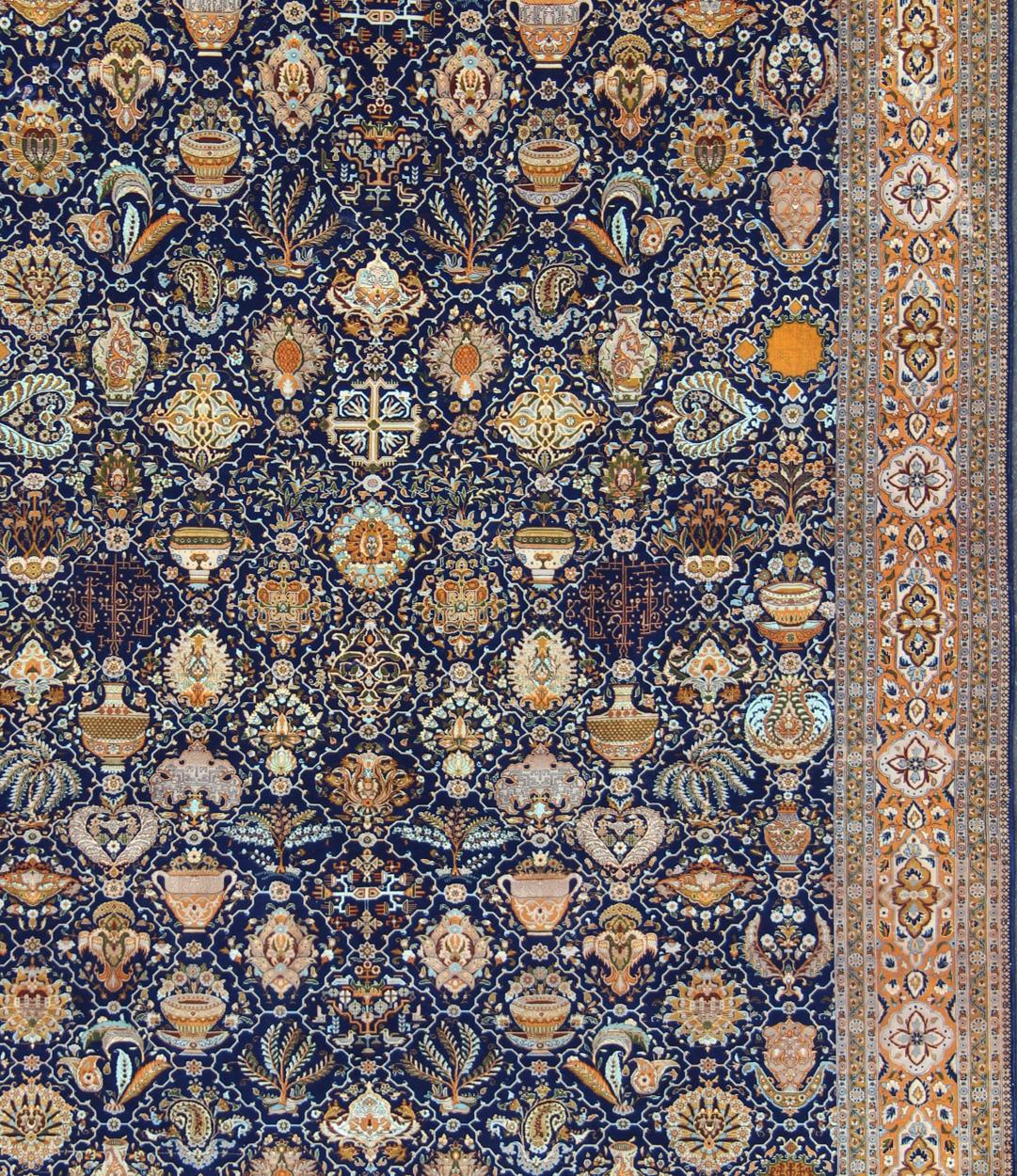 Blue background Persian Tabriz carpet with intricate floral elements, rug BC-200599, country of origin / type: Iran / Tabriz, circa 1900

This outstanding antique Persian Tabriz carpet is primarily characterized by its classical composition. This