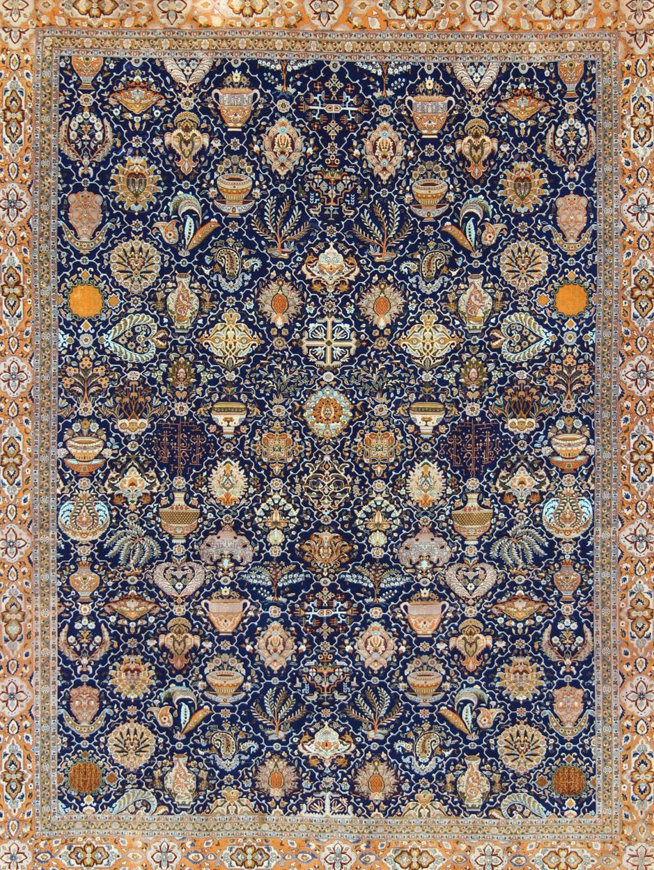 Hand-Knotted Fine Weave Persian Antique Tabriz Carpet with Intricate Design in Blue Color For Sale
