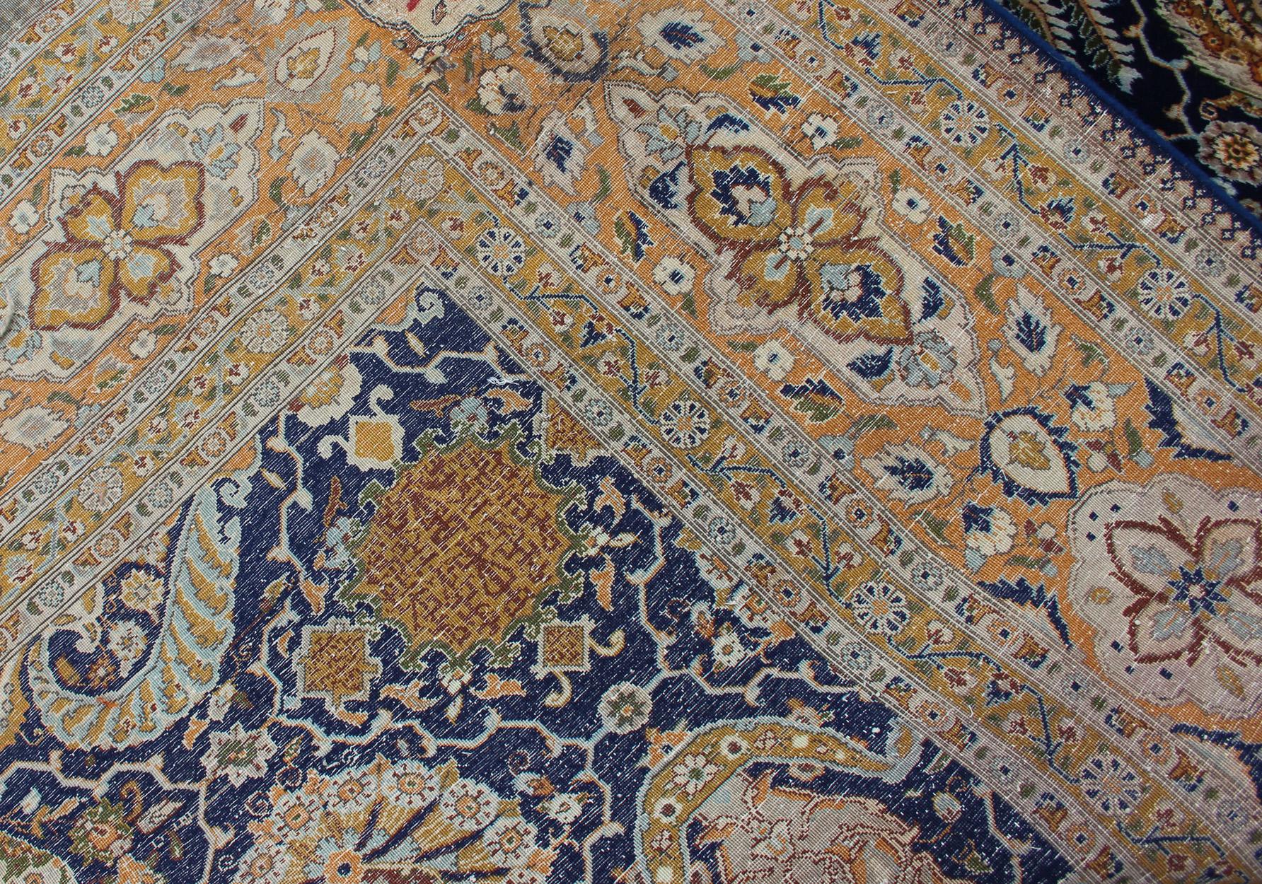 Fine Weave Persian Antique Tabriz Carpet with Intricate Design in Blue Color In Good Condition For Sale In Atlanta, GA