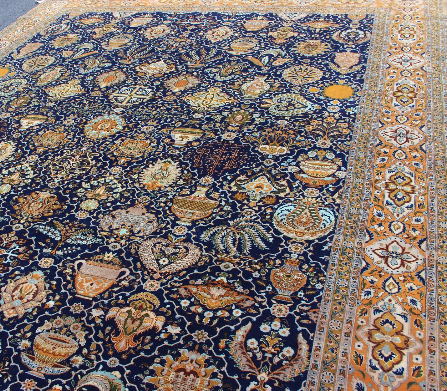 Wool Fine Weave Persian Antique Tabriz Carpet with Intricate Design in Blue Color For Sale