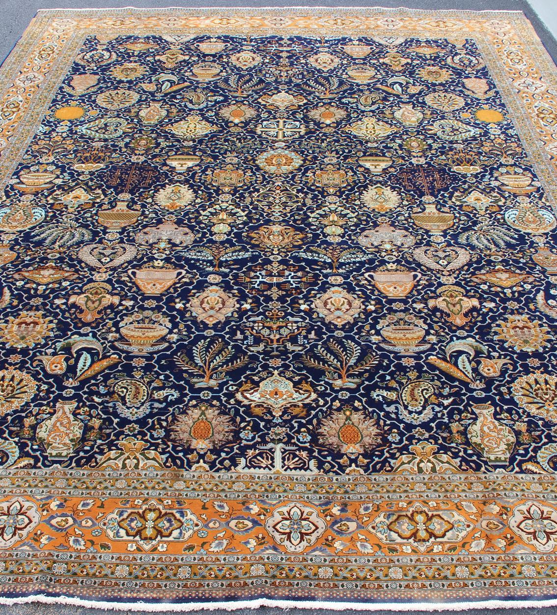 Fine Weave Persian Antique Tabriz Carpet with Intricate Design in Blue Color For Sale 1