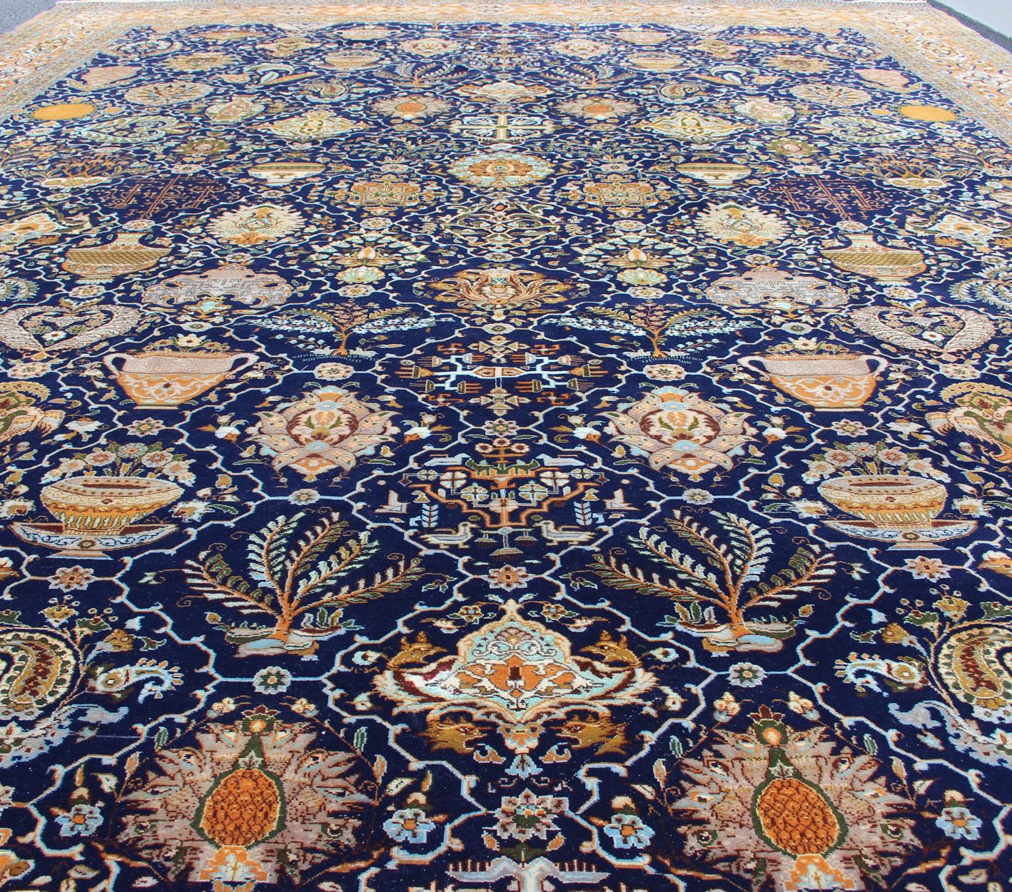 Fine Weave Persian Antique Tabriz Carpet with Intricate Design in Blue Color For Sale 2