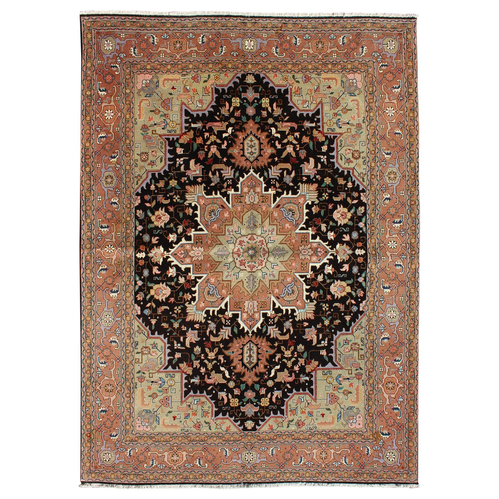 Tappeto persiano vintage Tabriz a trama fine con disegno intricato in colore nero