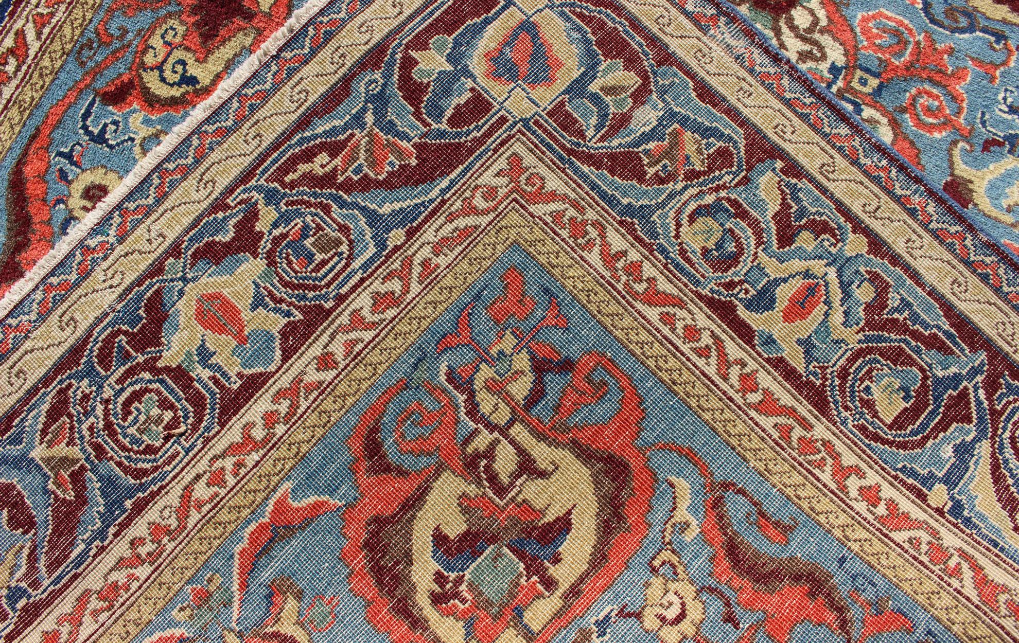 Antique Sivas Fine Rug with Blue Background Wine Border and Intricate Design For Sale 2