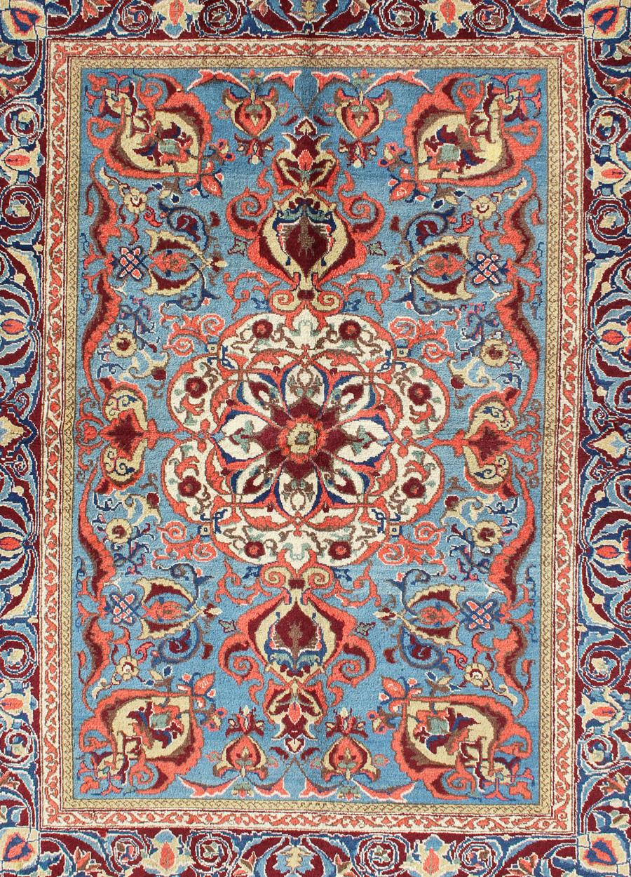 Tabriz Antique Sivas Fine Rug with Blue Background Wine Border and Intricate Design For Sale