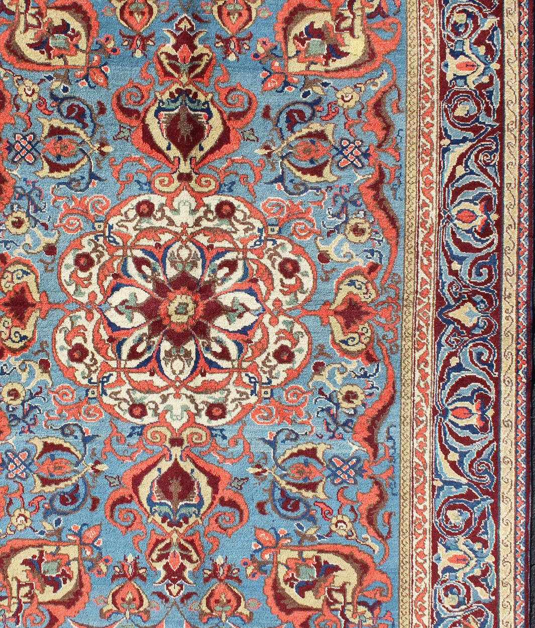 Turkish Antique Sivas Fine Rug with Blue Background Wine Border and Intricate Design For Sale