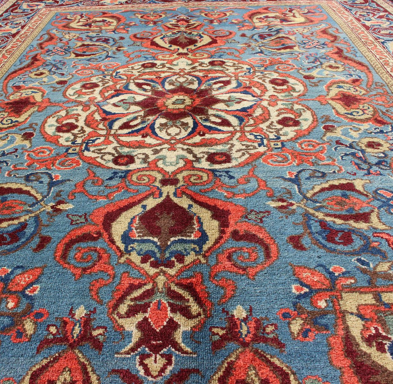Antique Sivas Fine Rug with Blue Background Wine Border and Intricate Design In Excellent Condition For Sale In Atlanta, GA
