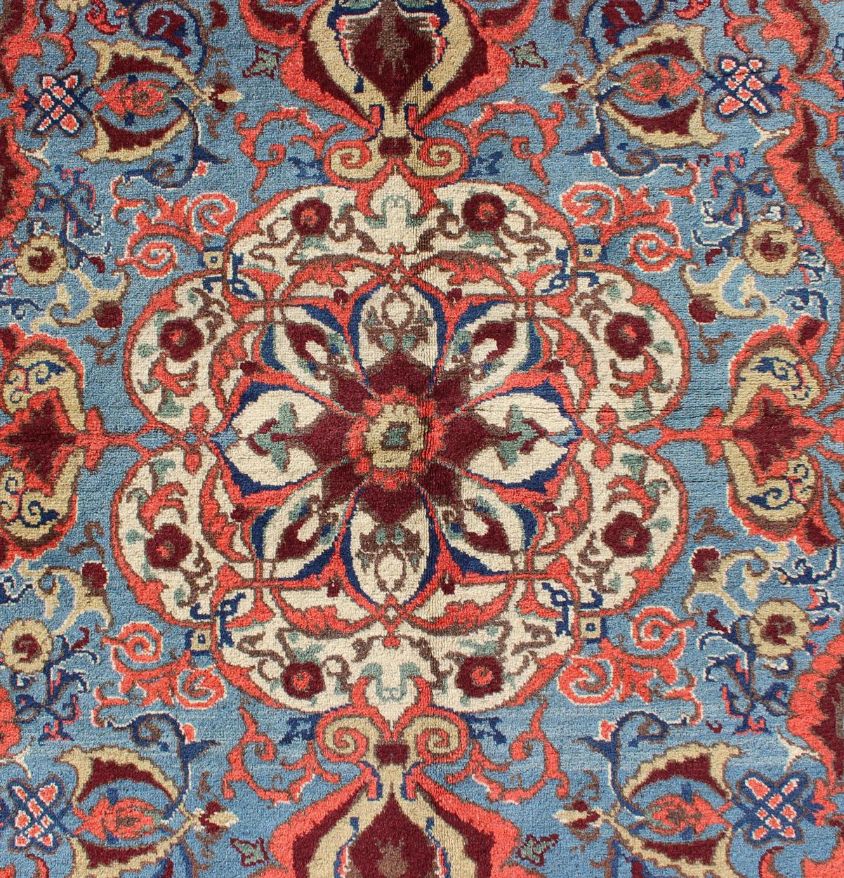 Mid-20th Century Antique Sivas Fine Rug with Blue Background Wine Border and Intricate Design For Sale