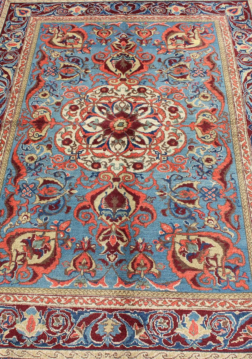 Antique Sivas Fine Rug with Blue Background Wine Border and Intricate Design For Sale 1