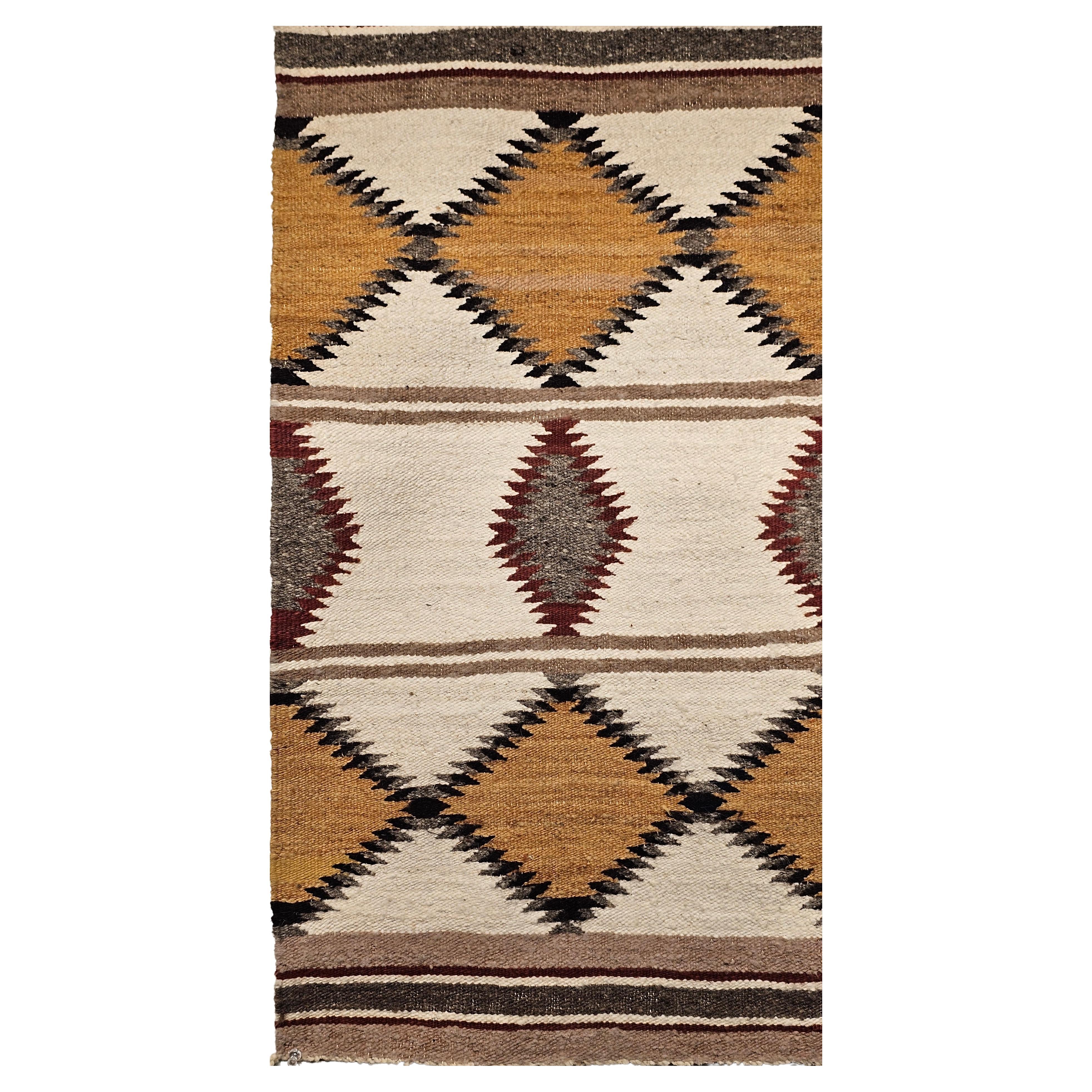 Vintage Native American Navajo Area Rug in Ivory, Gray, Brown, Black