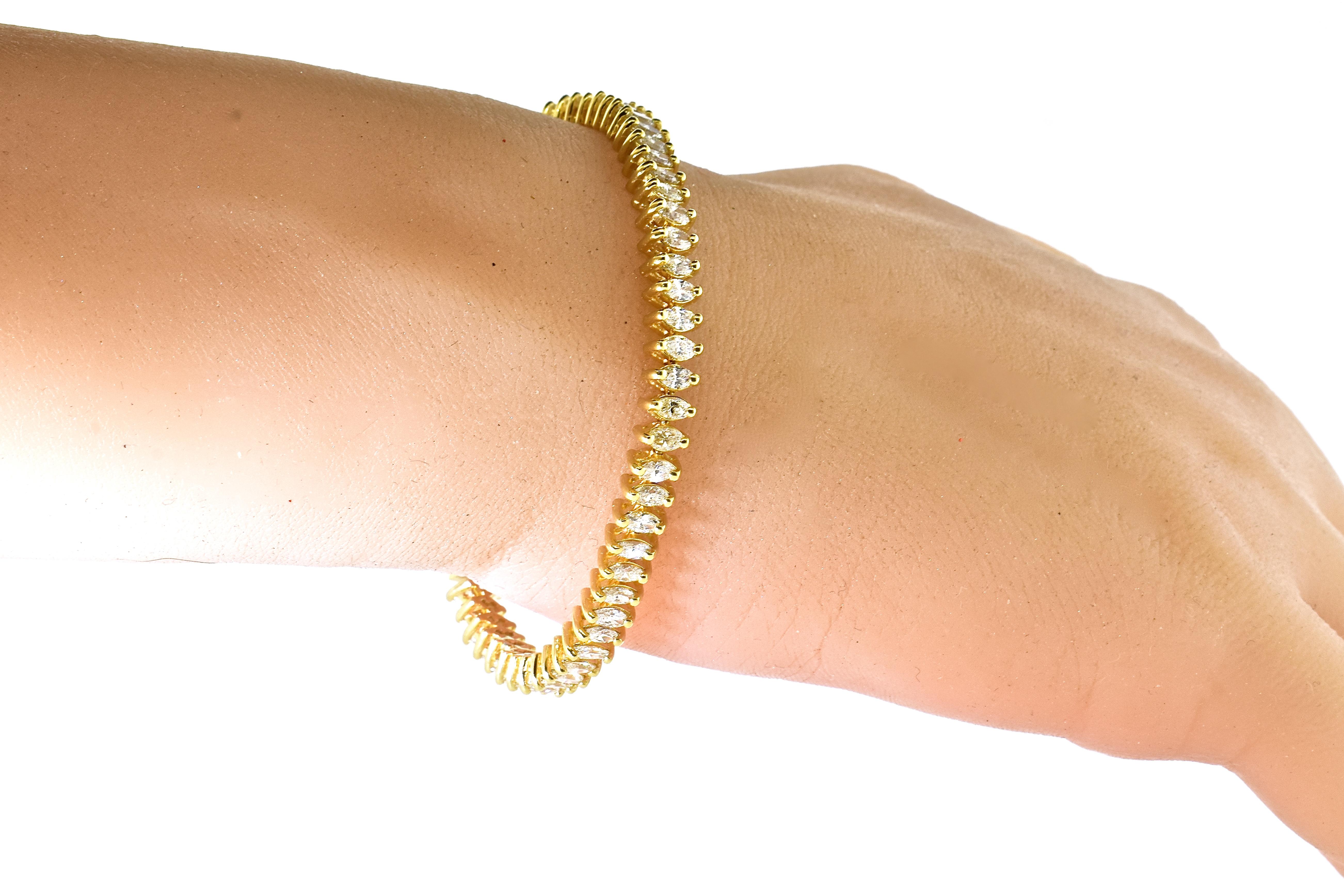 Marquise Cut Fine White Diamond and Yellow Gold Contemporary Flexible Bracelet
