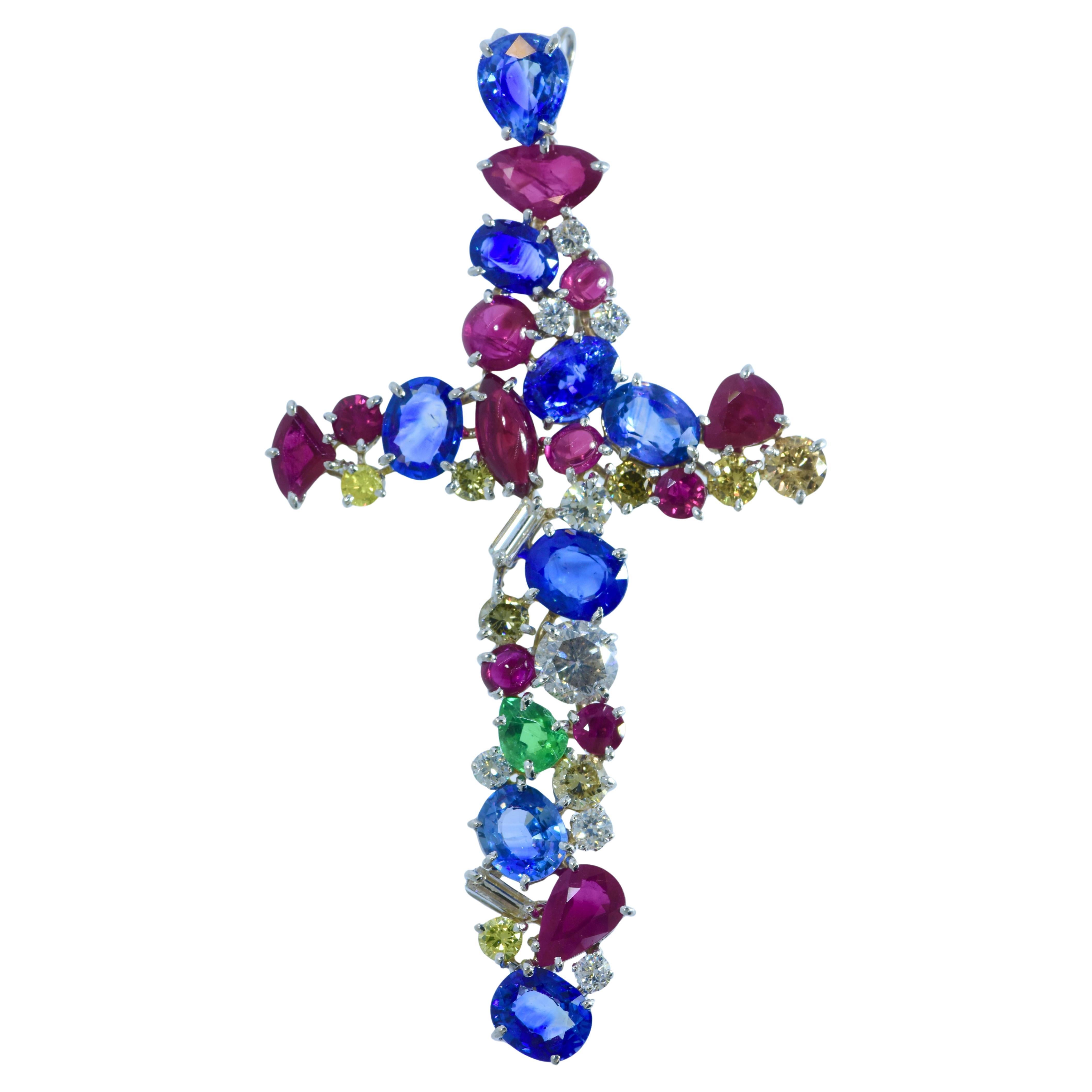 Fine White Diamonds, Bright Sapphire and Ruby Vintage Cross Pendant, c 1981.