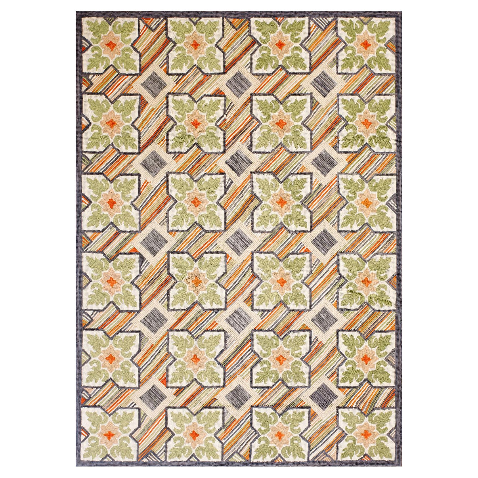 Fine White-Green Cross-Flowers Pattern Contemporary Handmade Cotton Hooked Rug