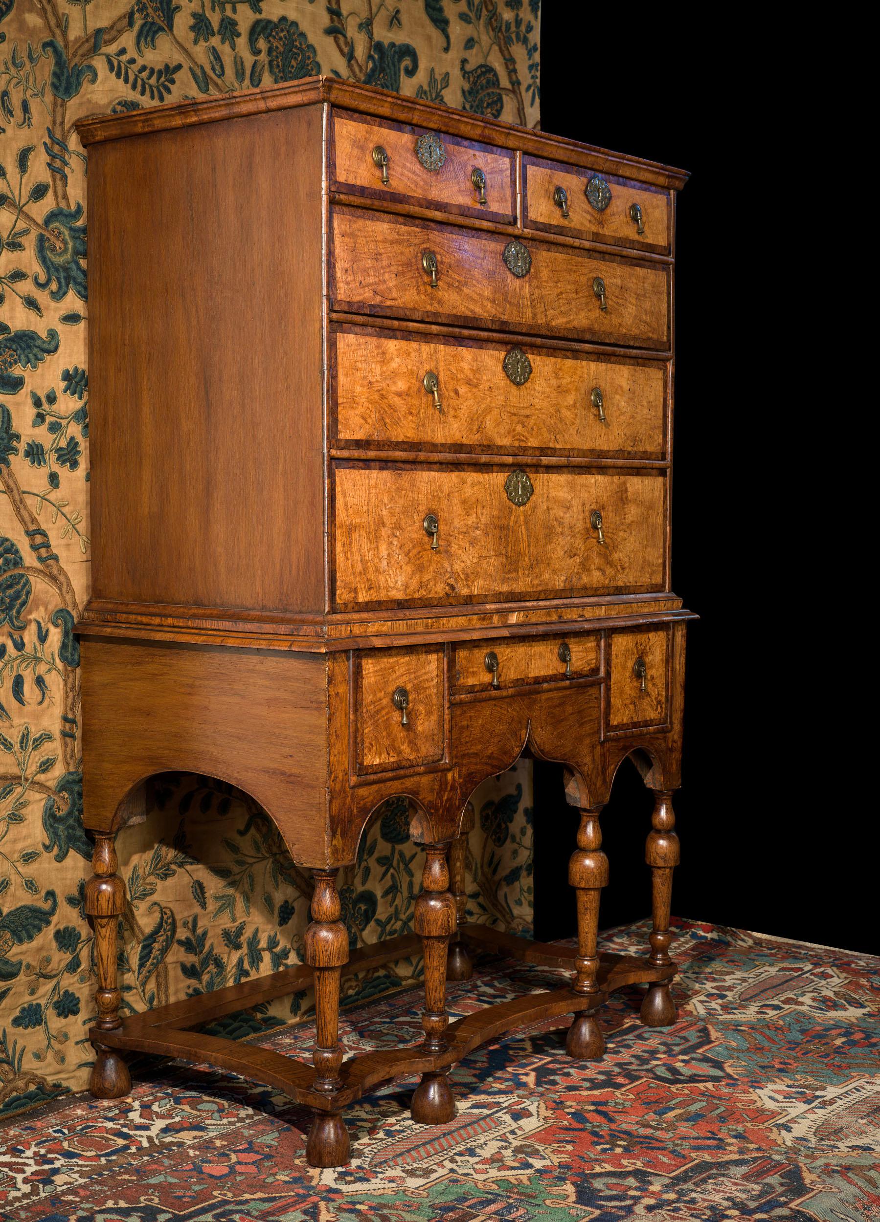 English Fine William and Mary Chest on Stand in Burr Ash and Yew For Sale