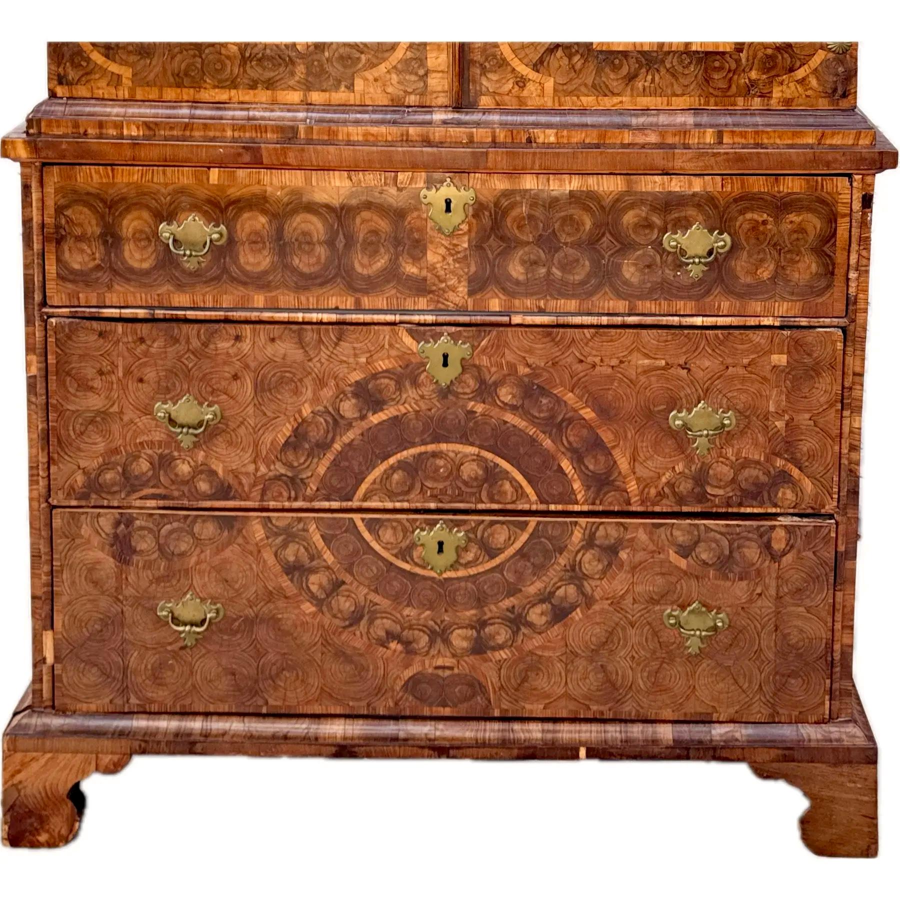 Fine William And Mary Oyster Veneer Cabinet On Chest For Sale at 1stDibs