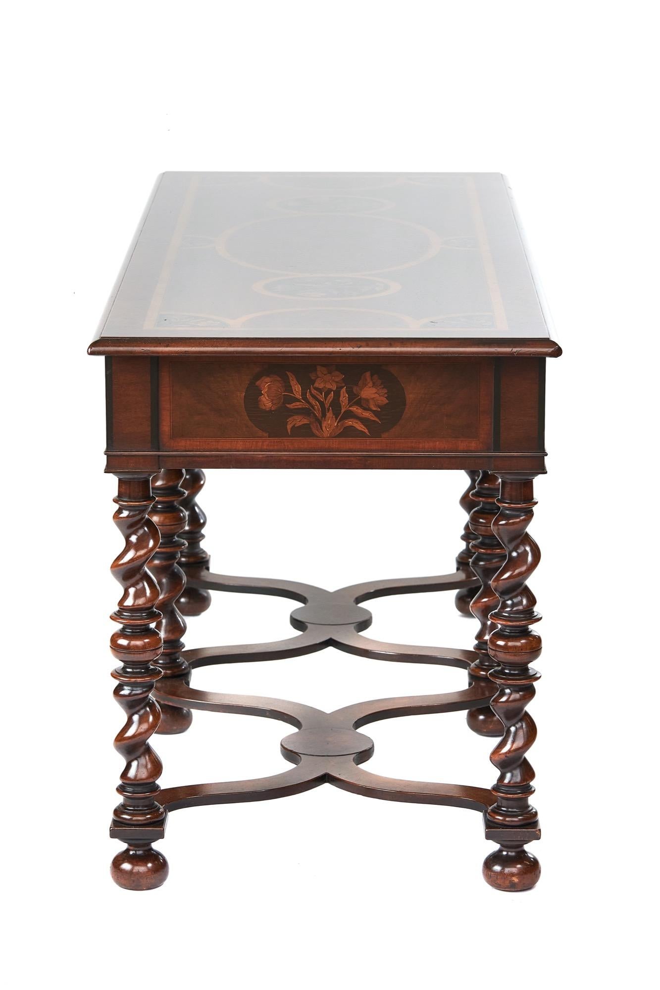 Fine William & Mary Revival walnut & Marquetry inlaid centre table.
circa 1920s,
Walnut inlaid top, with;
Burr walnut, & floral Marquetry inlaid panels, Burr walnut cross banding,
Front / back /and side apron : with 
Walnut cross banding ,