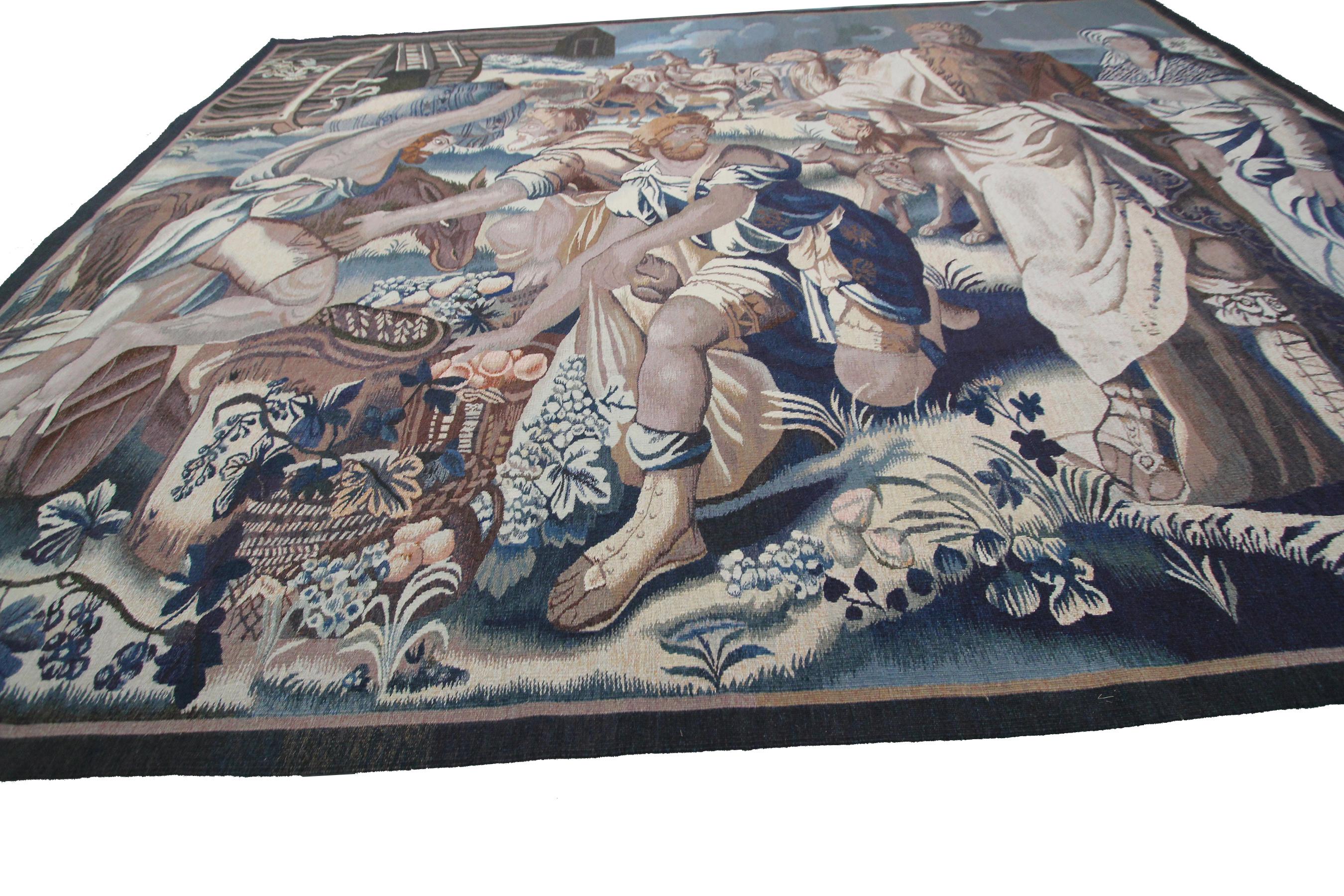 Fine Wool & Silk Tapestry Noahs Ark Vintage Handwoven Aubusson For Sale 8