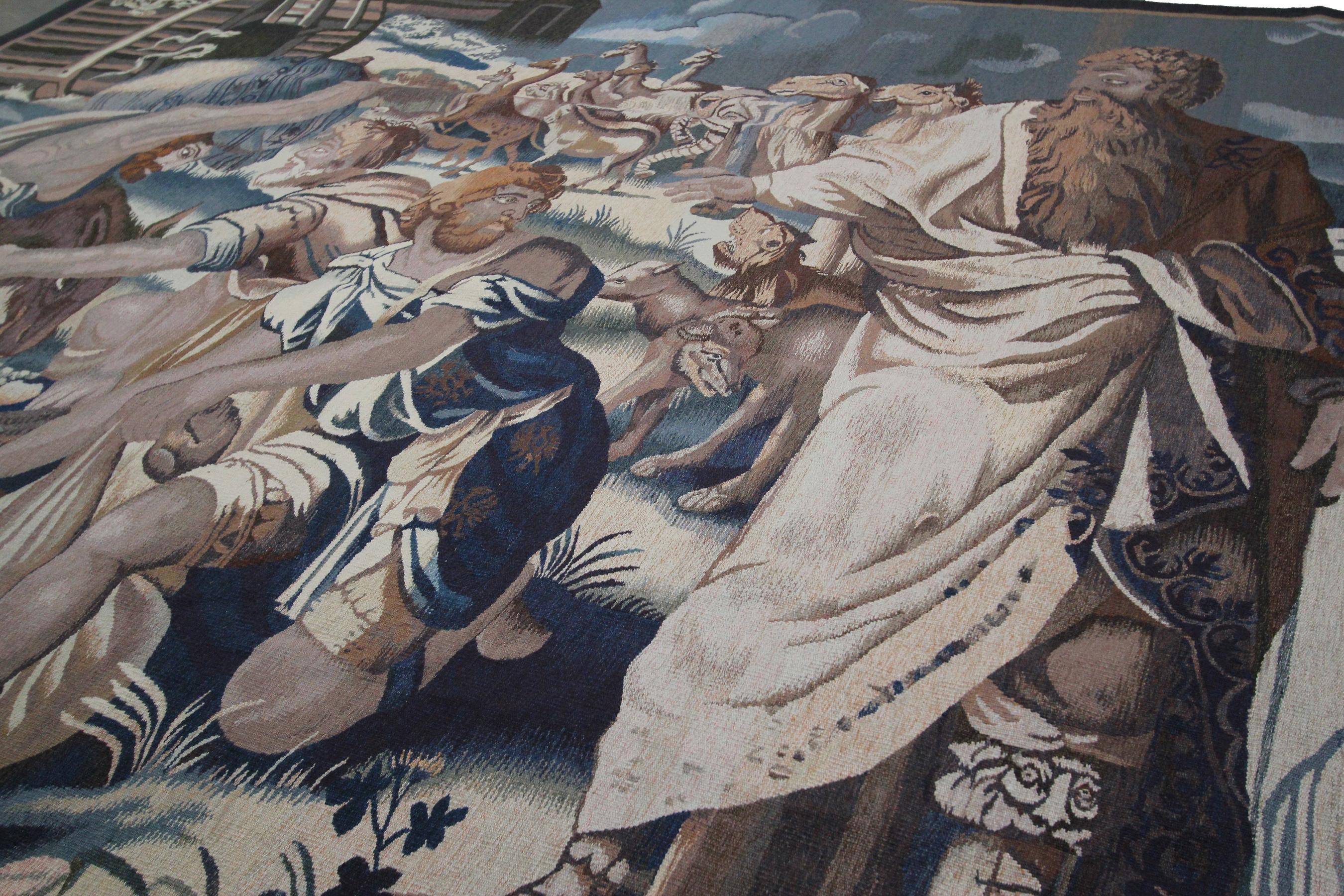 Fine Wool & Silk Tapestry Noahs Ark Vintage Handwoven Aubusson In Good Condition For Sale In New York, NY