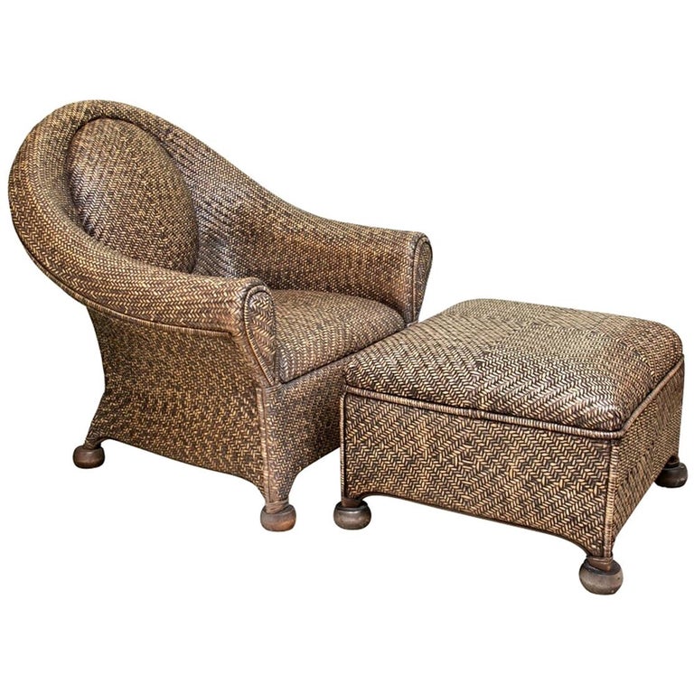 Fine Woven Rattan Club Chair and Ottoman For Sale at 1stDibs
