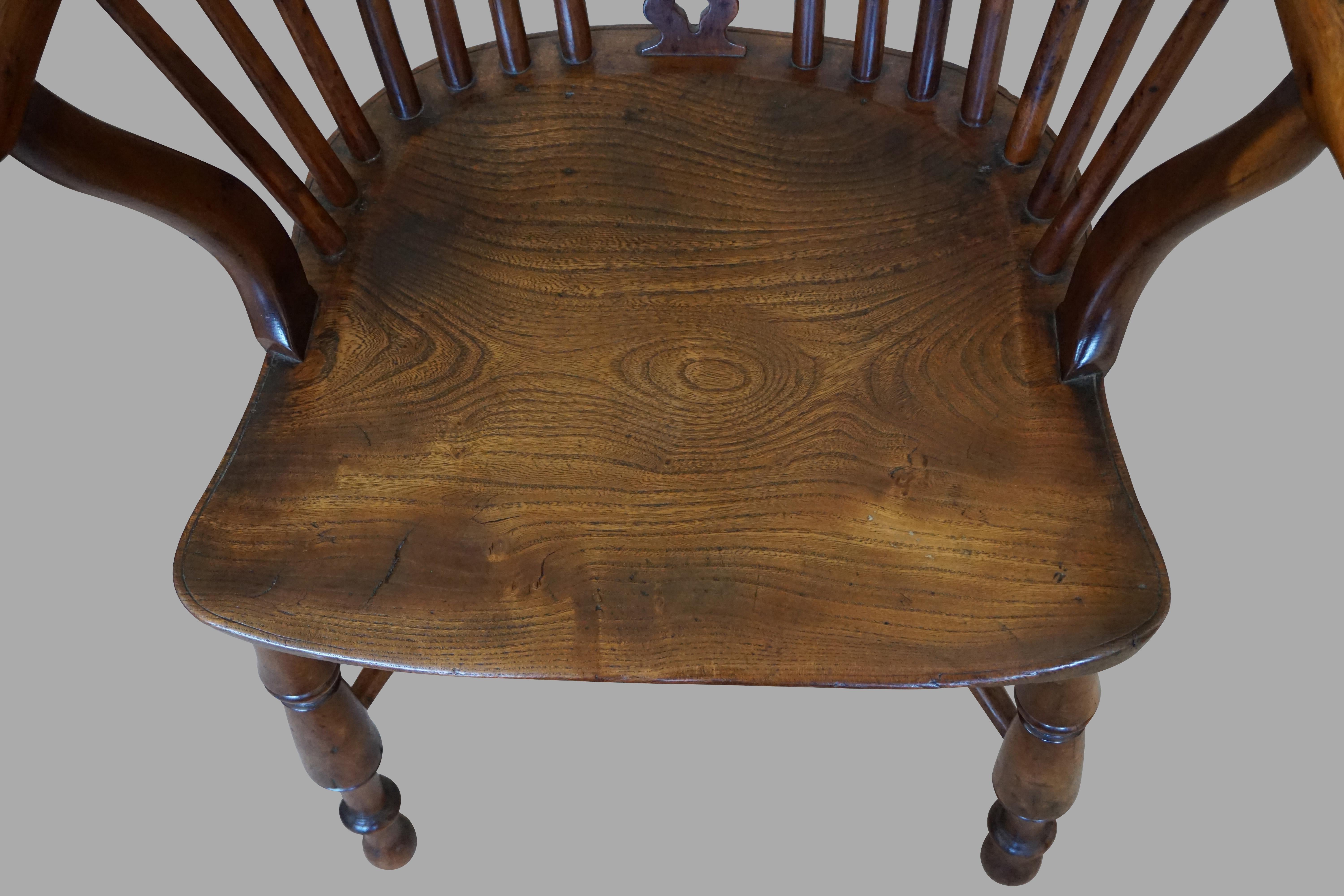 19th Century English Yew Wood Narrow Arm High Back Windsor Chair