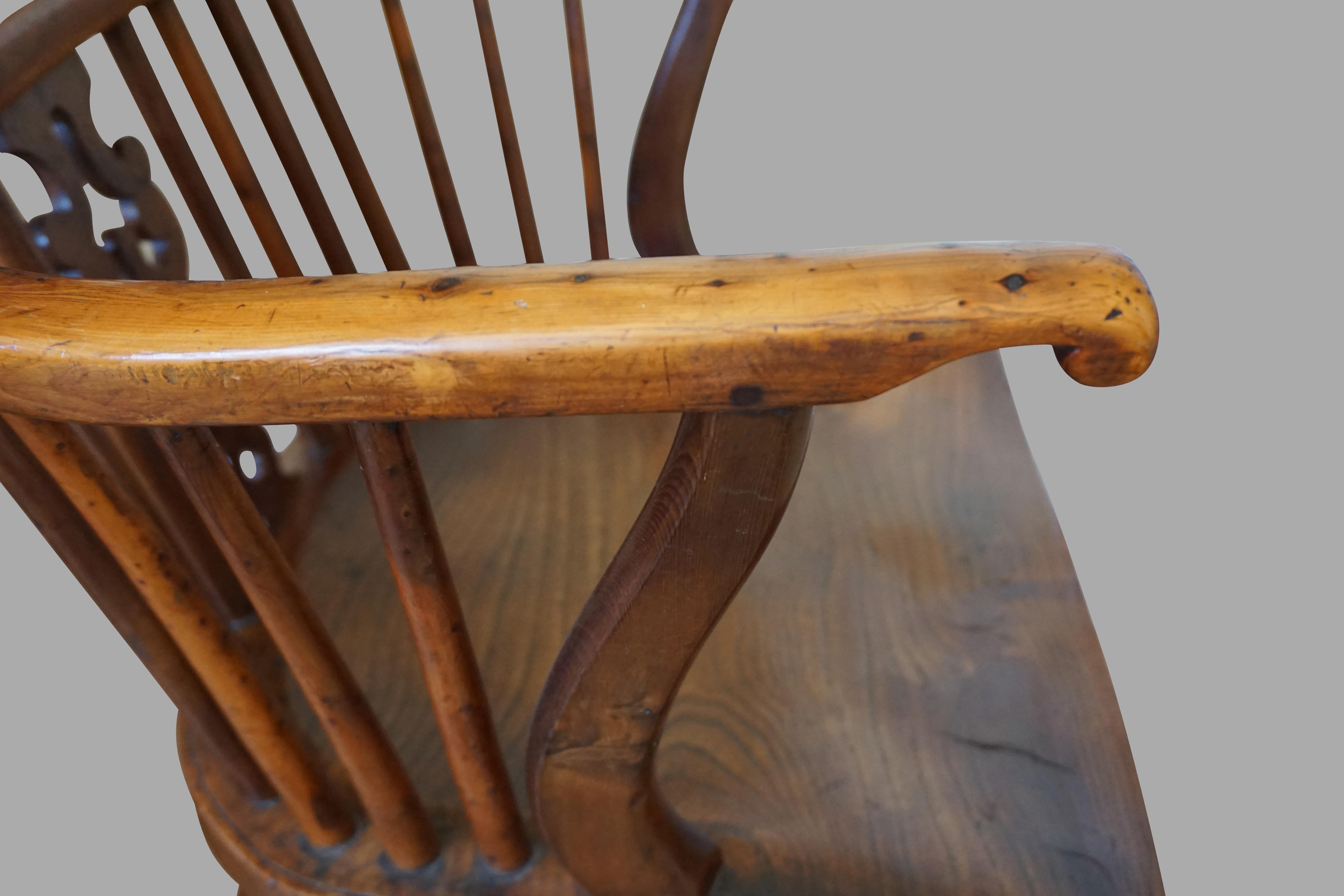 English Yew Wood Narrow Arm High Back Windsor Chair 1