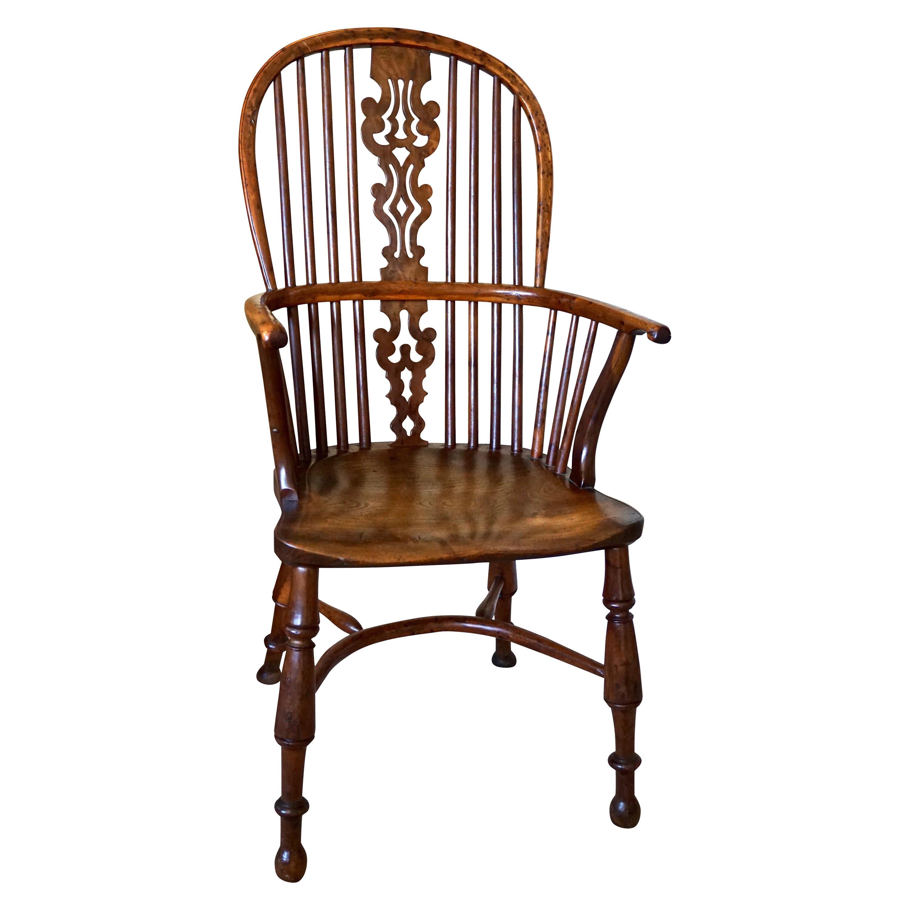 English Yew Wood Narrow Arm High Back Windsor Chair