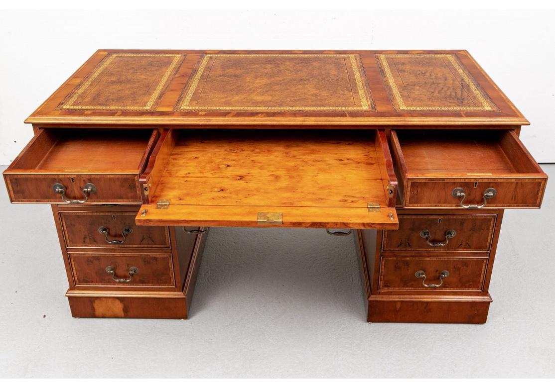 Fine Yew Wood Wood Gilt-Embossed Leather Top Desk For Sale 1