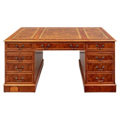 Fine Yew Wood Wood Gilt-Embossed Leather Top Desk