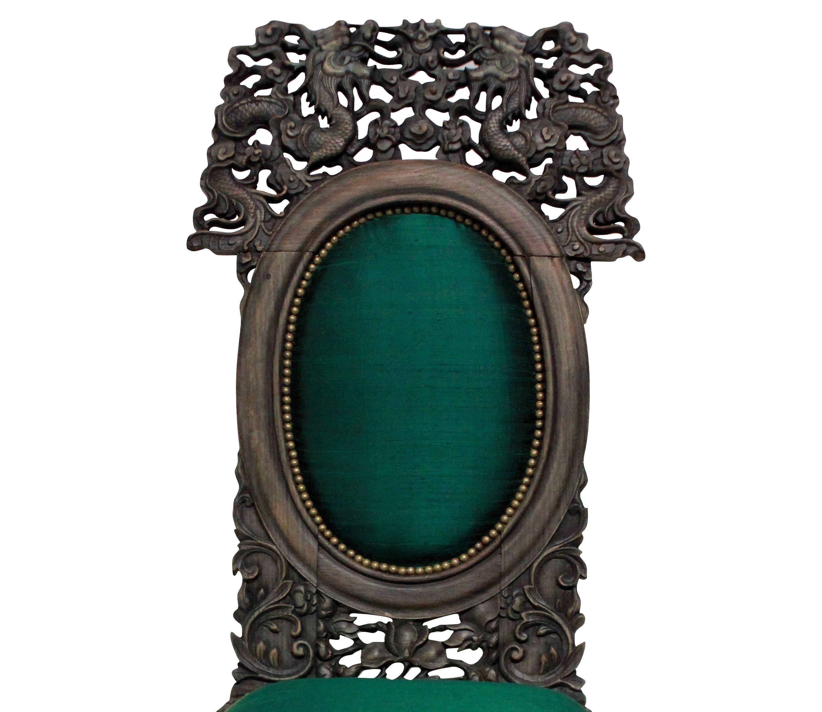 Finely Carved 19th Century Chinese Chair in Emerald Silk In Good Condition In London, GB