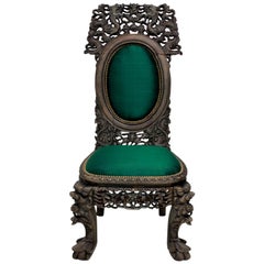Finely Carved 19th Century Chinese Chair in Emerald Silk
