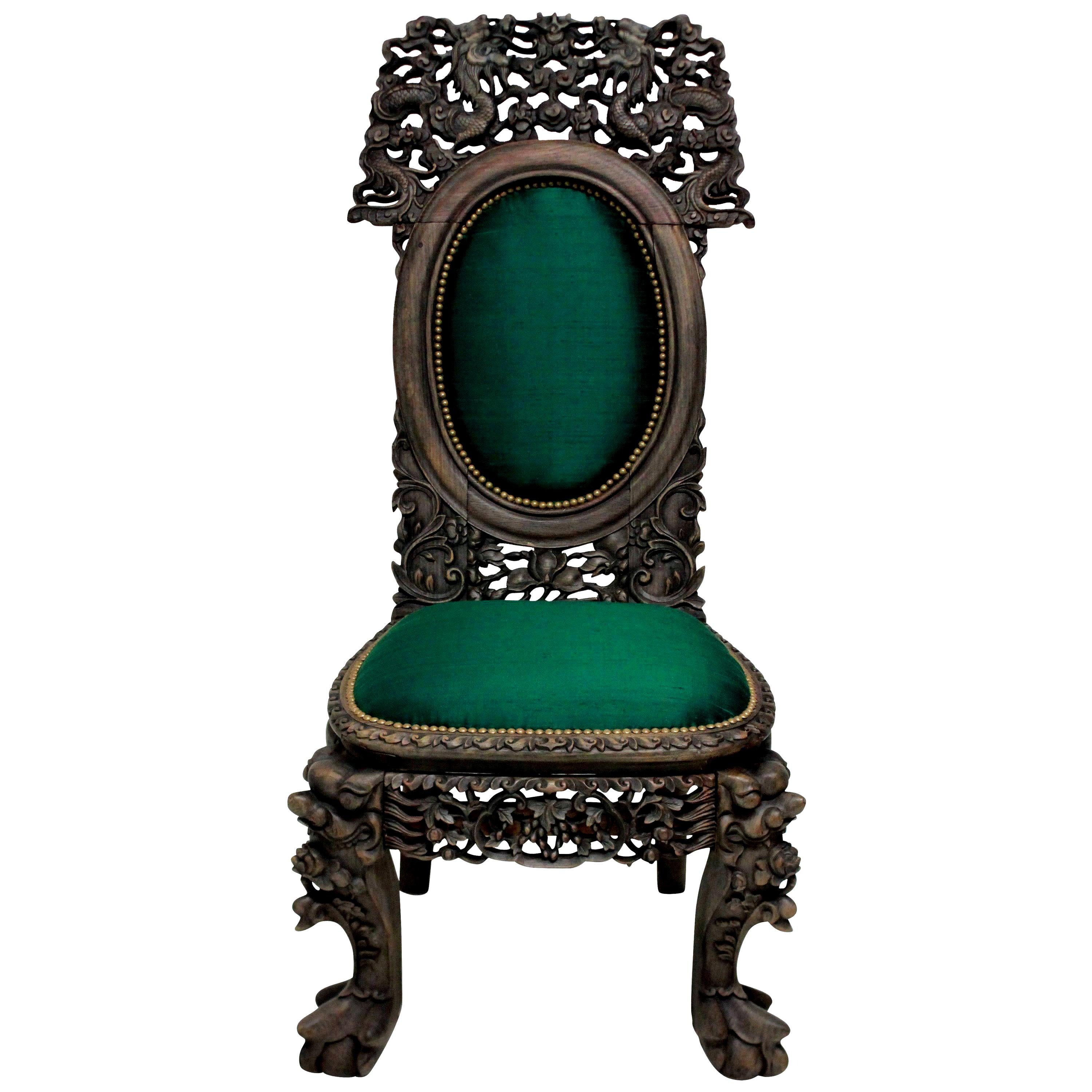 Finely Carved 19th Century Chinese Chair in Emerald Silk