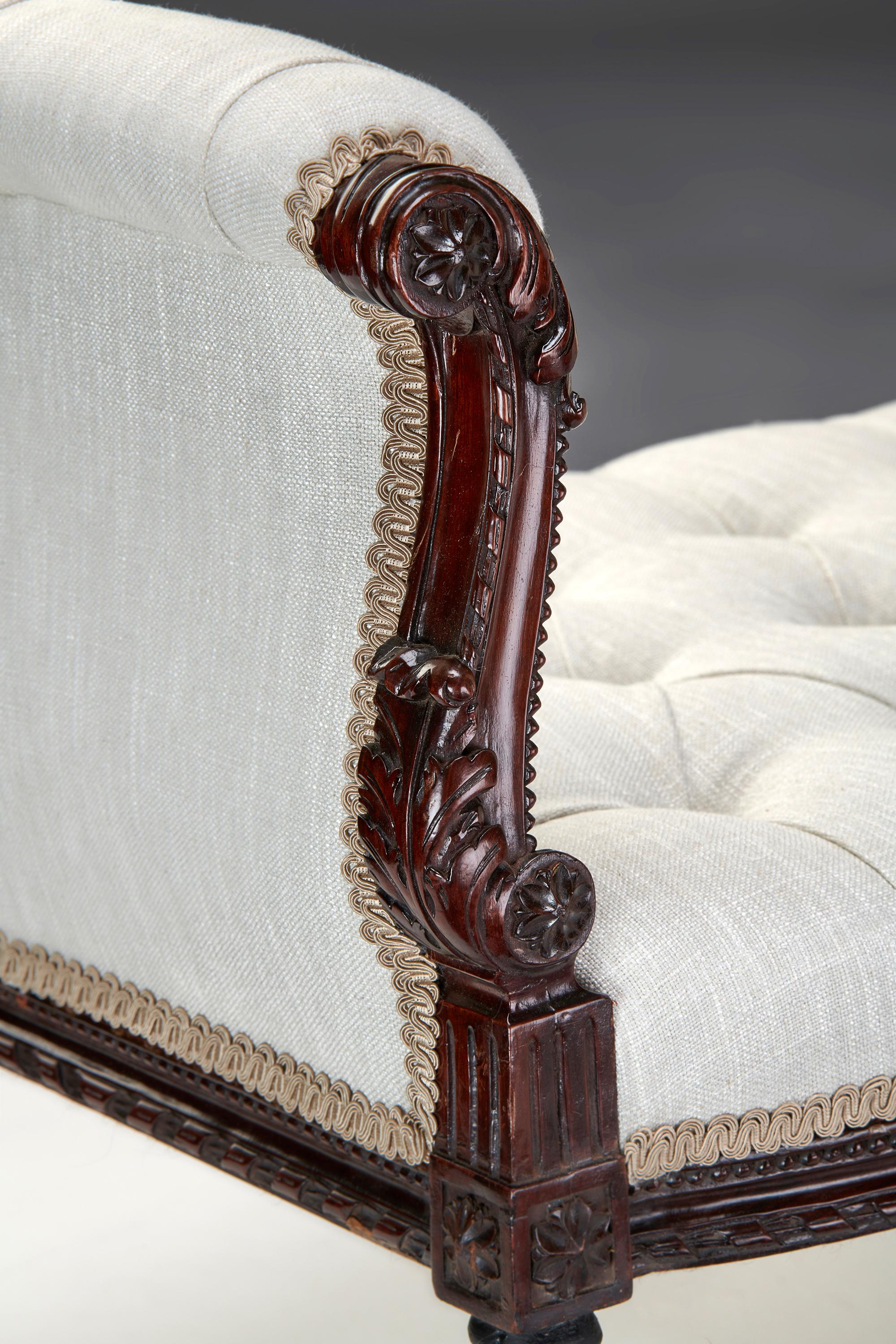 British Finely Carved 19th Century Mahogany Scroll End Window Seat