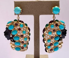 Finely Carved African Female Gold Earrings Ebony Turquoise Diamonds Tourmaline