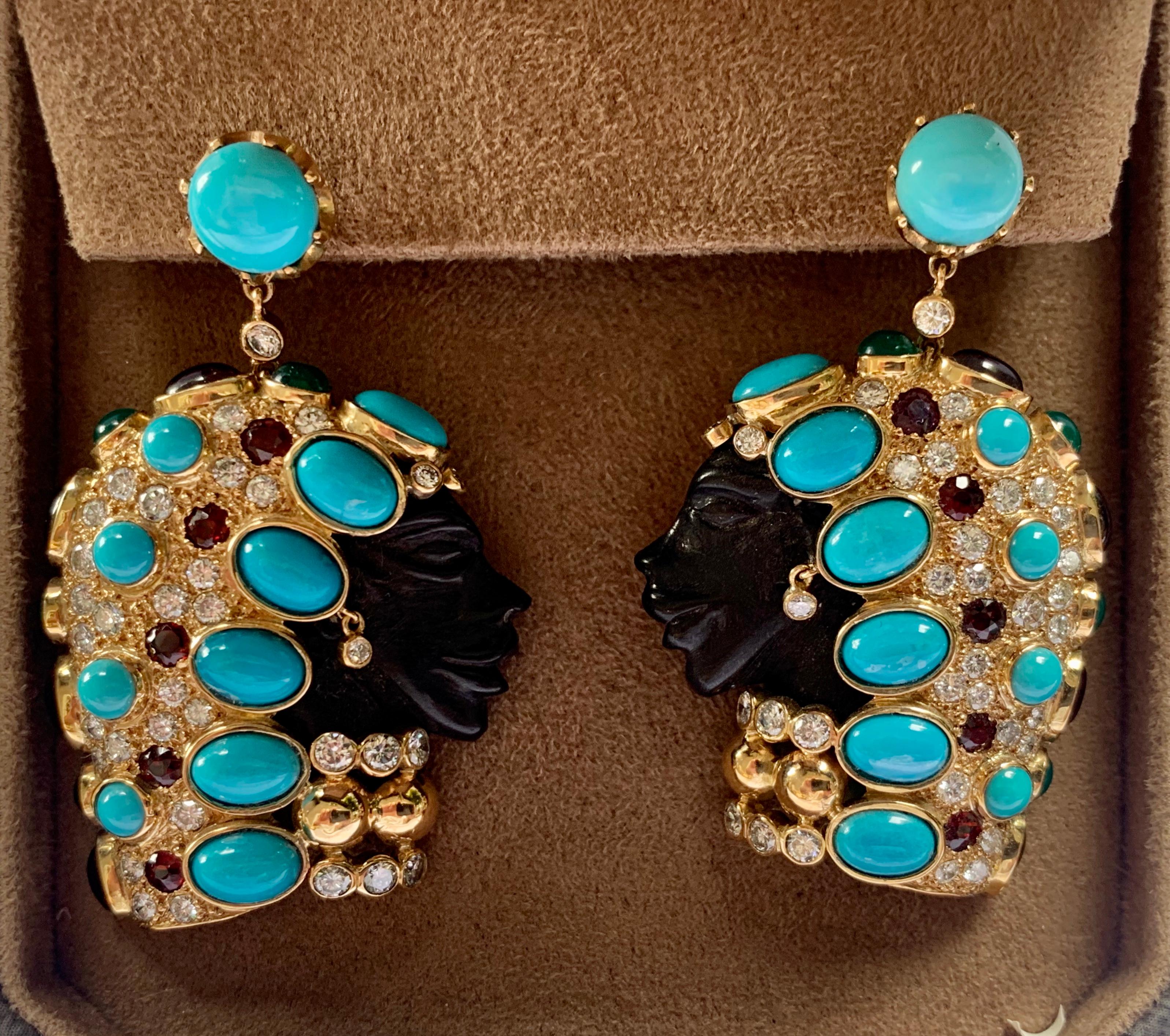 Cabochon Finely Carved African Female Gold Earrings Ebony Turquoise Diamonds Tourmaline For Sale
