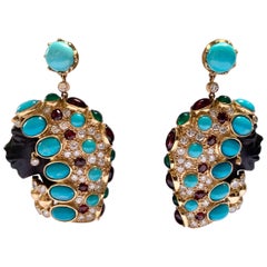 Finely Carved African Female Gold Earrings Ebony Turquoise Diamonds Tourmaline