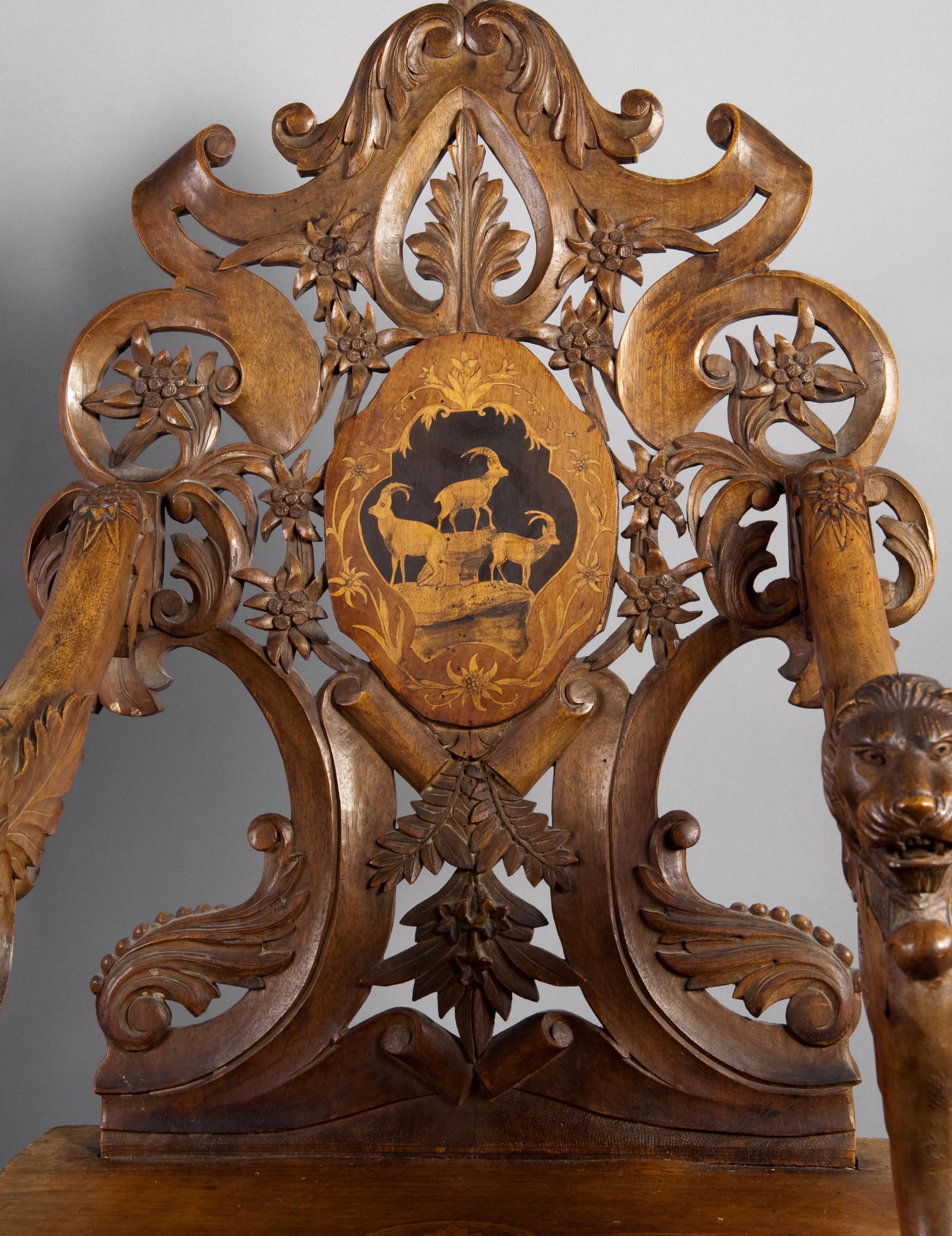 Black Forest Finely Carved and Inlaid Walnut Chair with Musical Work, Swiss 1900